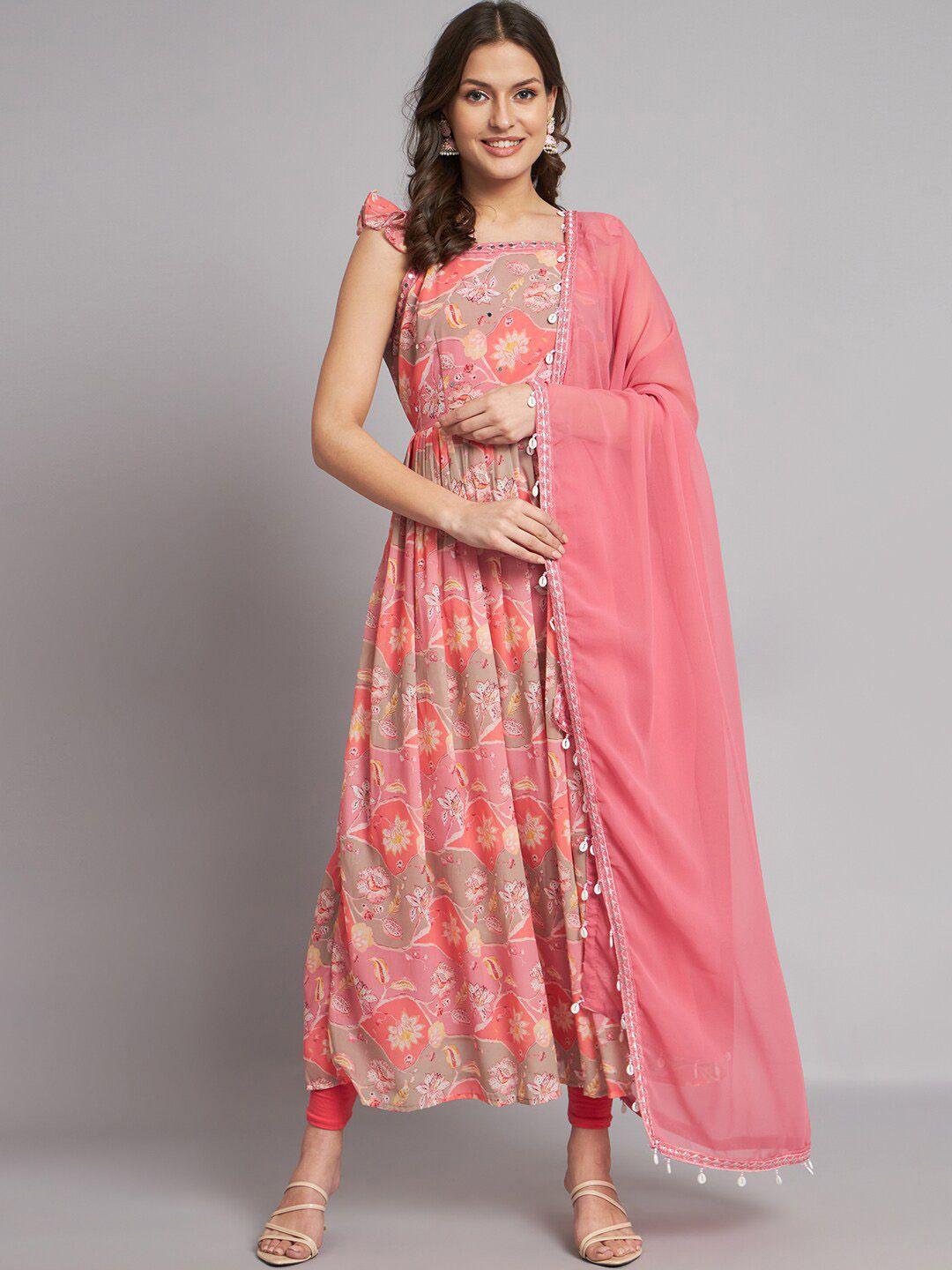 kalini floral printed mirror work pure georgette pleated anarkali kurta with dupatta