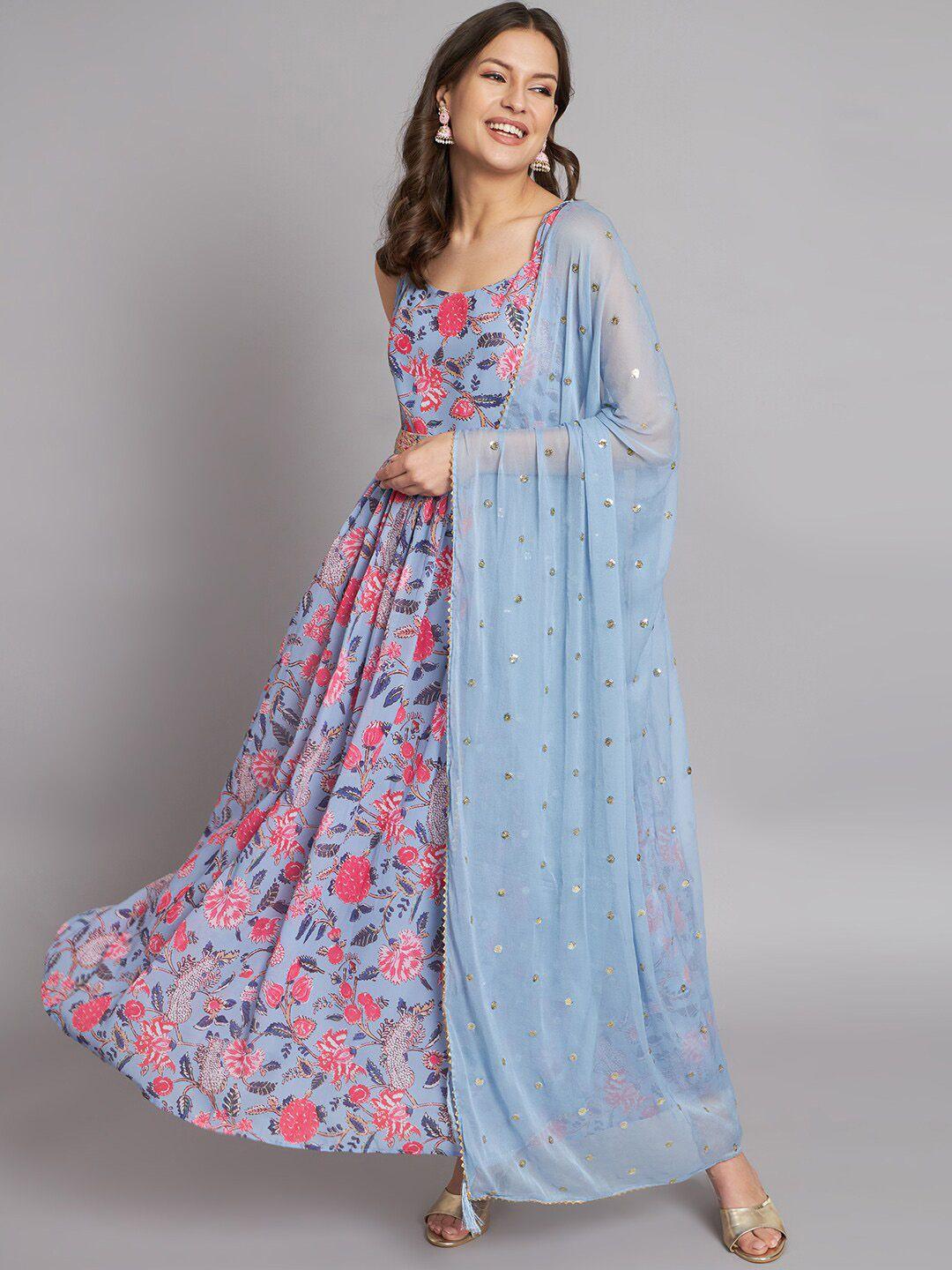 kalini georgette floral printed flared dress with dupatta set