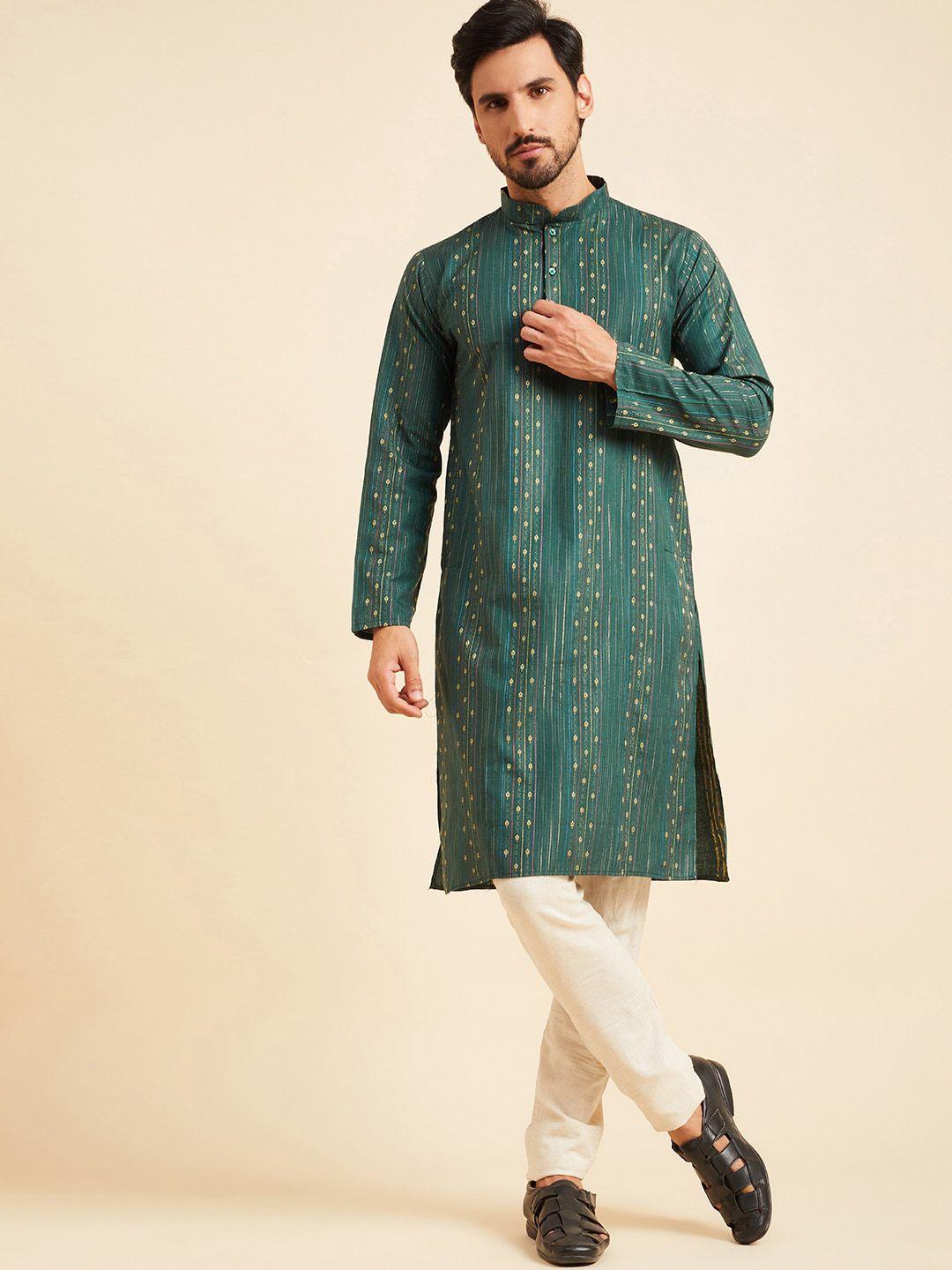 here&now men green thread work kurta