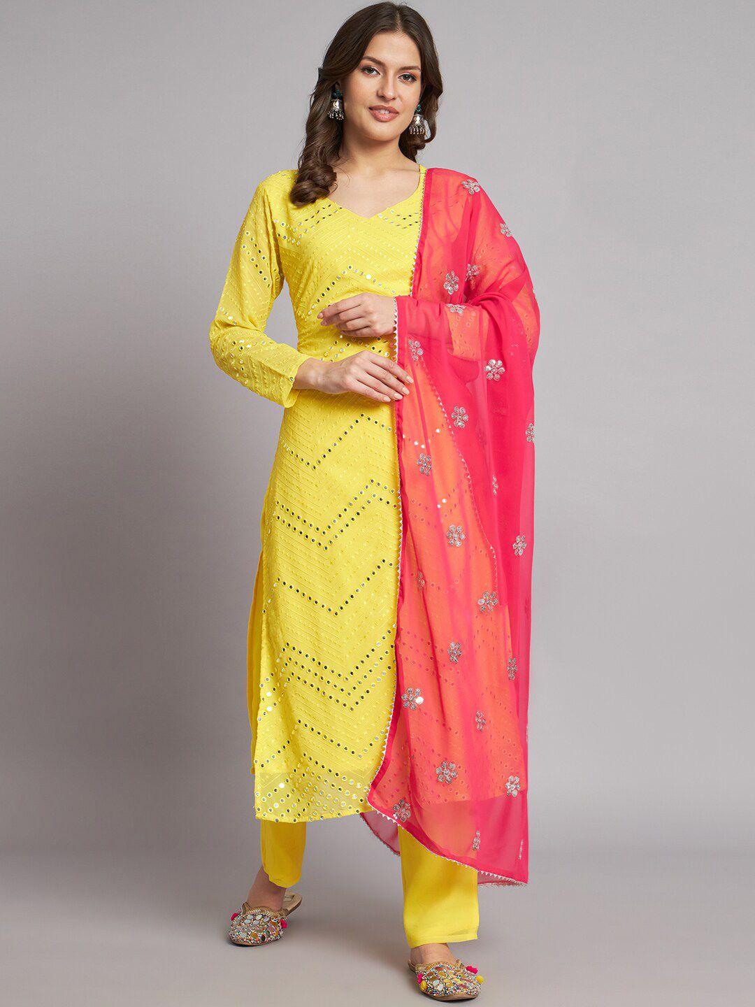 kalini chevron embroidered regular mirror work kurta with trousers & dupatta