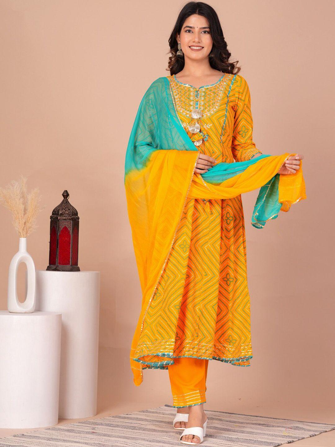 toulin women mustard yellow bandhani printed regular kurta with palazzos & with dupatta