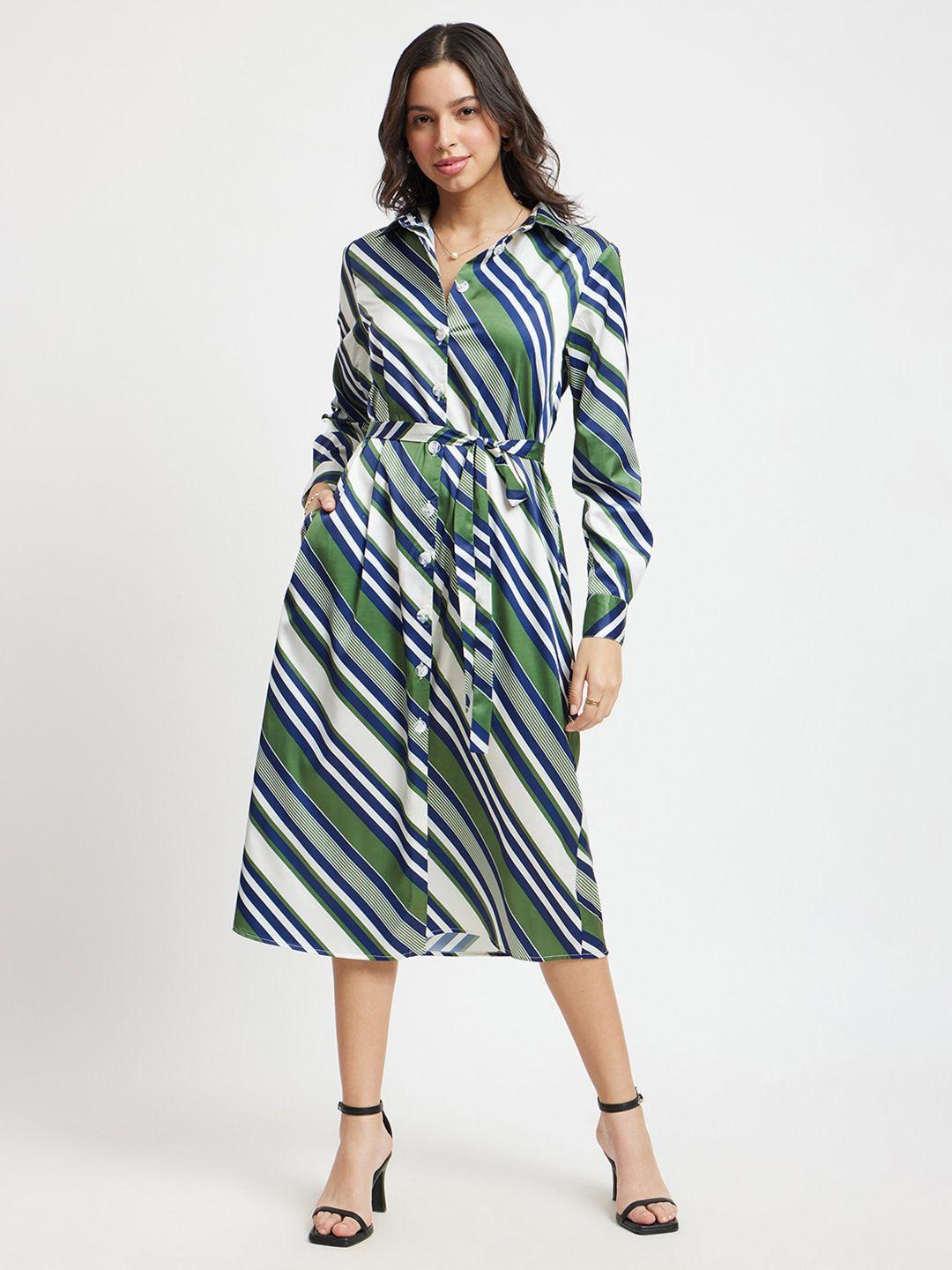 fablestreet striped shirt collar satin a-line midi dress