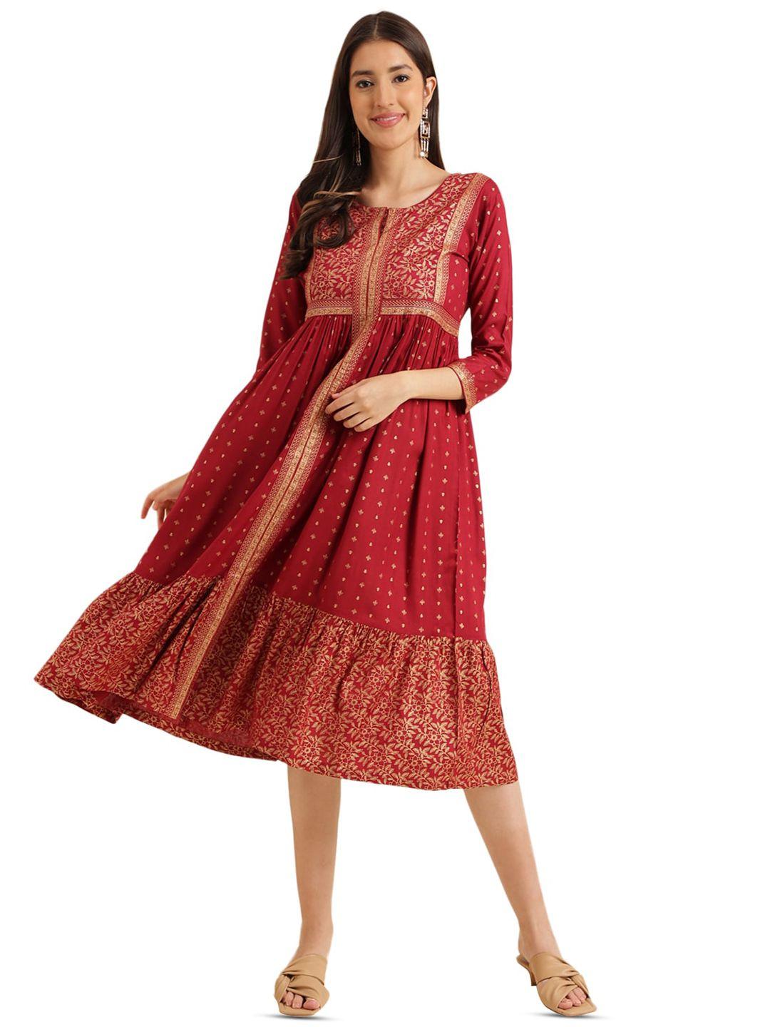 kalini maroon ethnic motifs print a-line midi dress