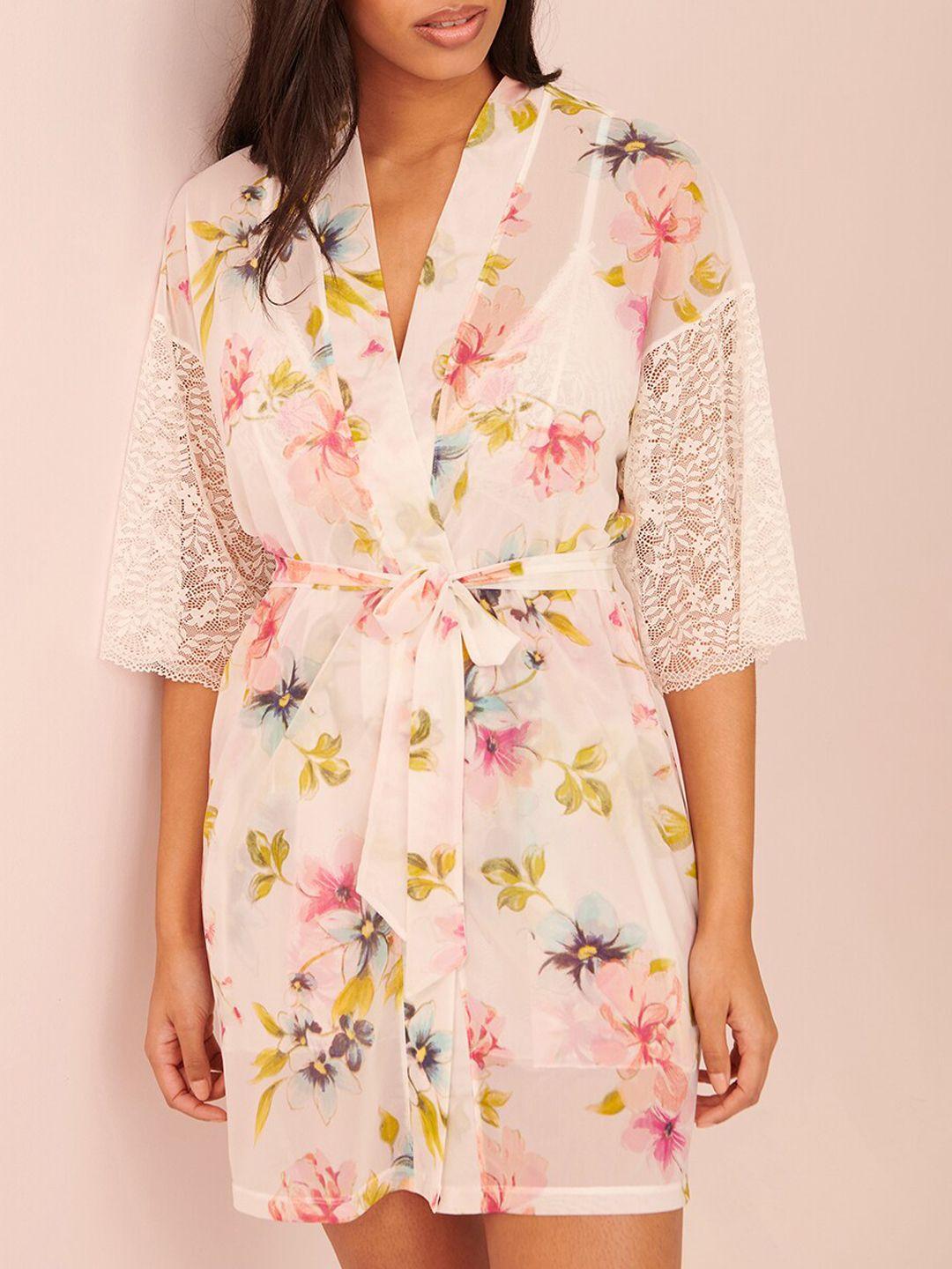 la vie en rose women printed lace & mesh kimono robe