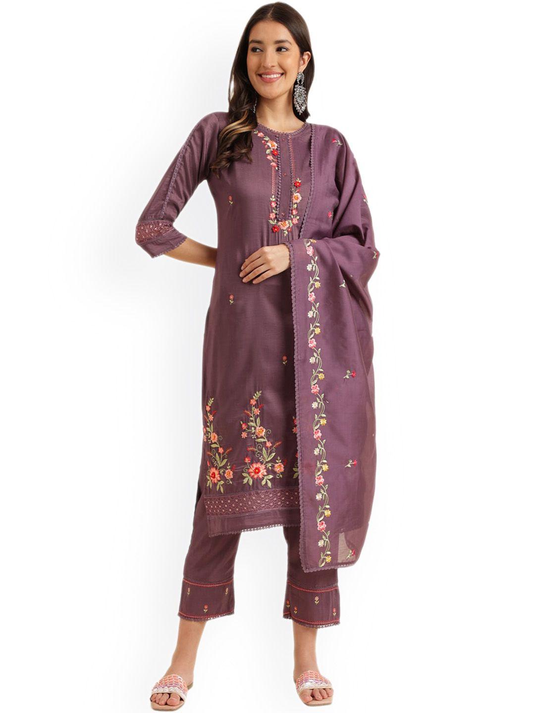 nimayaa floral embroidered regular thread work kurta with trousers & dupatta