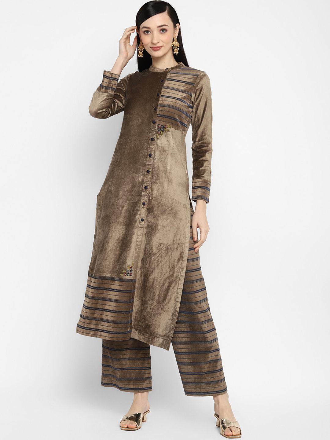 stado striped mandarin collar velvet kurta with trousers