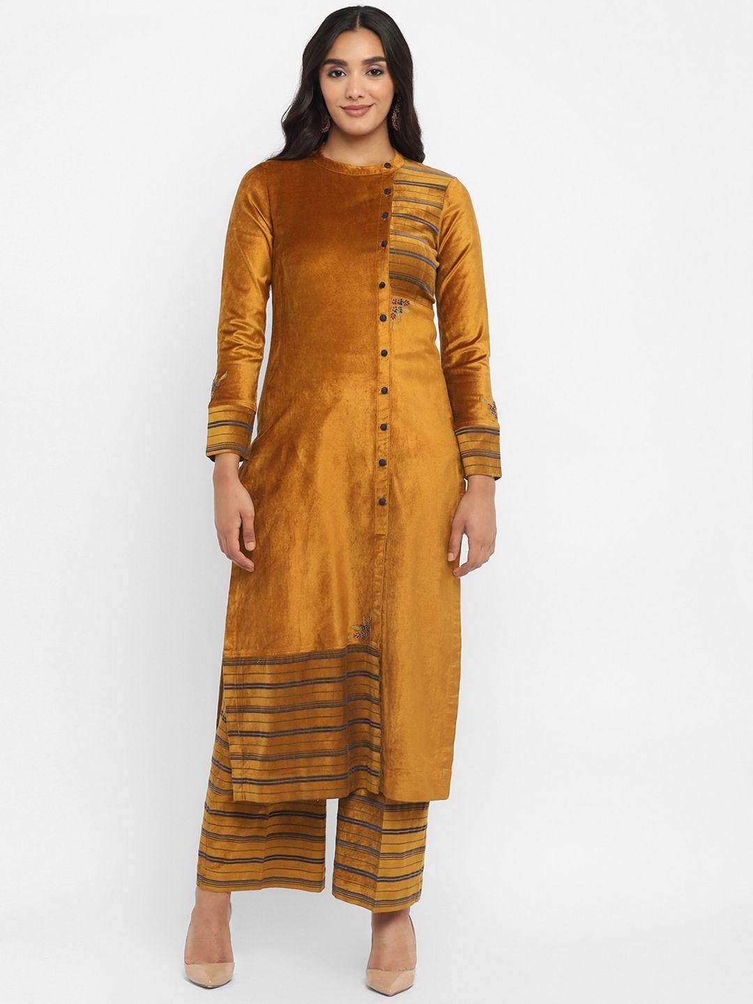 stado women mustard yellow striped regular velvet kurta with trousers