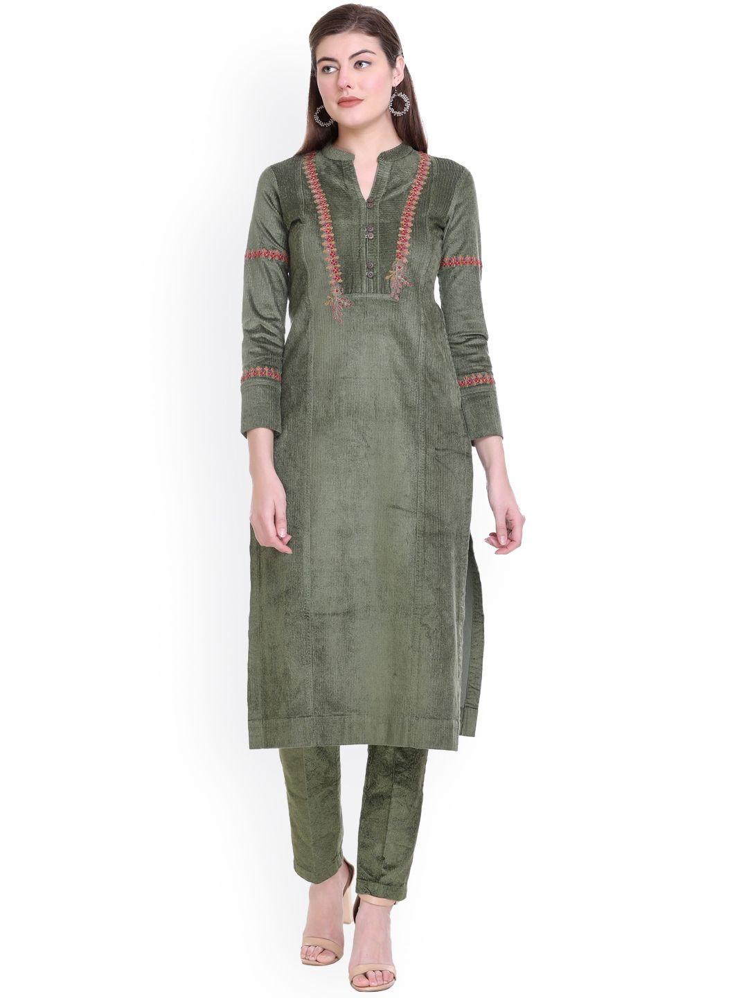 stado women green ethnic motifs mandarin collar thread work velvet kurta with trousers