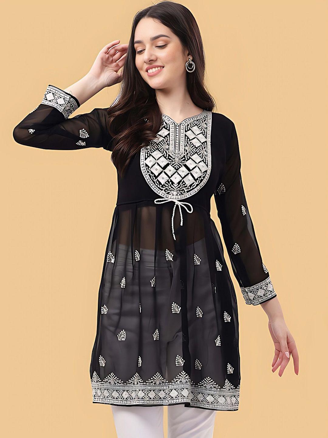 pmd fashion women black paisley embroidered flared sleeves sequinned georgette anarkali kurta