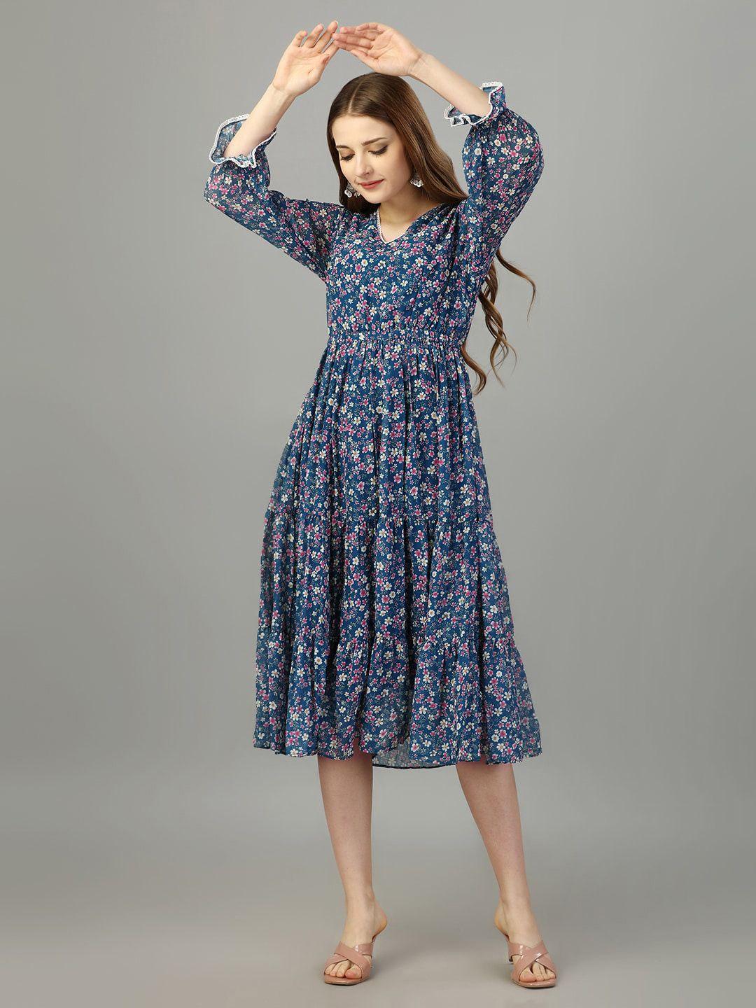 fbella blue floral print georgette fit & flare midi dress