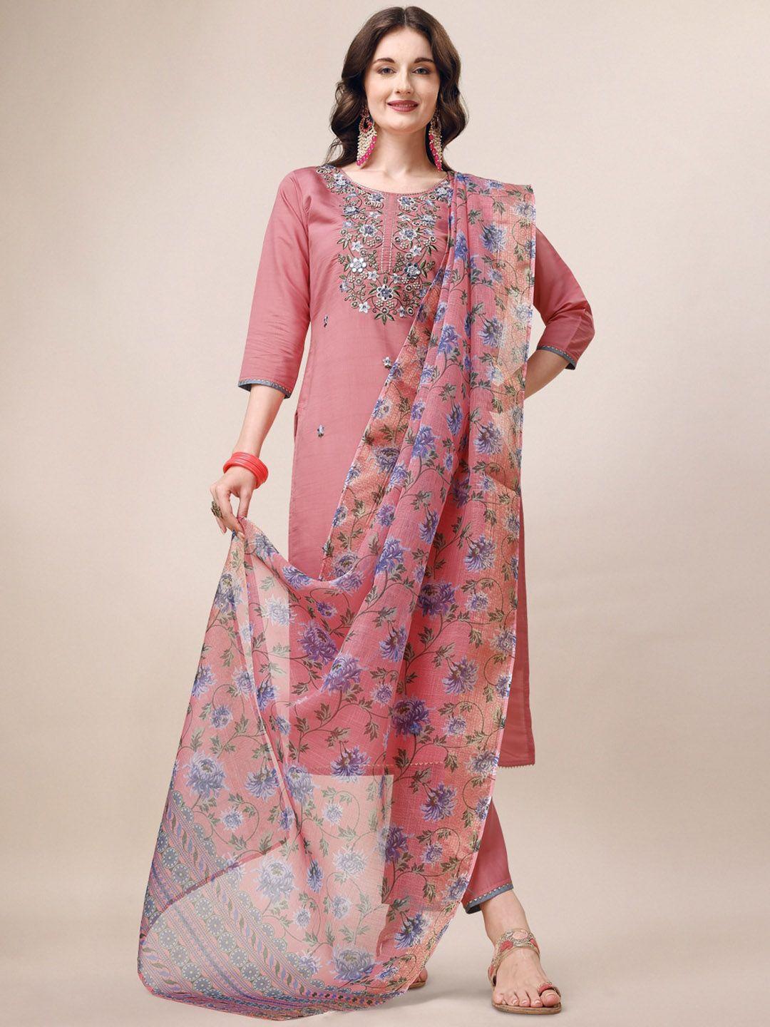 kalini floral embroidered regular chanderi cotton kurta & trousers with dupatta