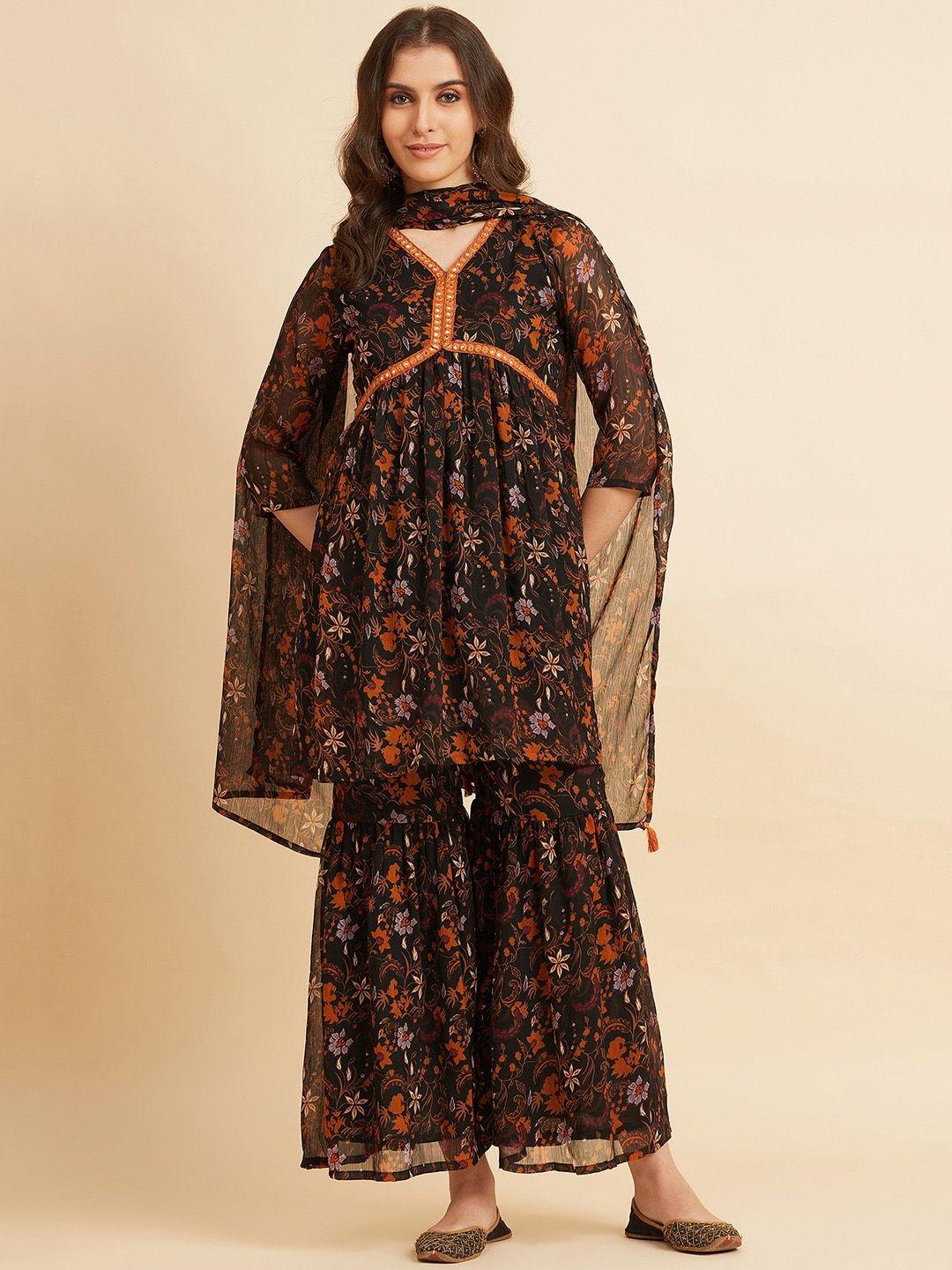 azira floral printed empire mirror work a-line kurta with sharara & dupatta