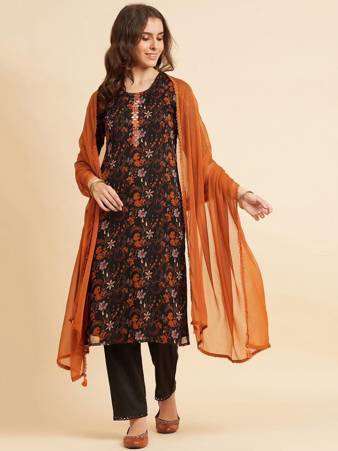 azira floral printed mirror work kurta with trousers & dupatta