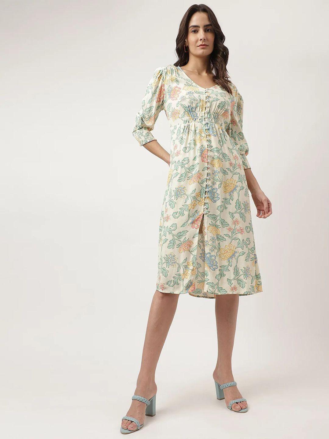 marks & spencer floral printed v-neck smocked a-line dress