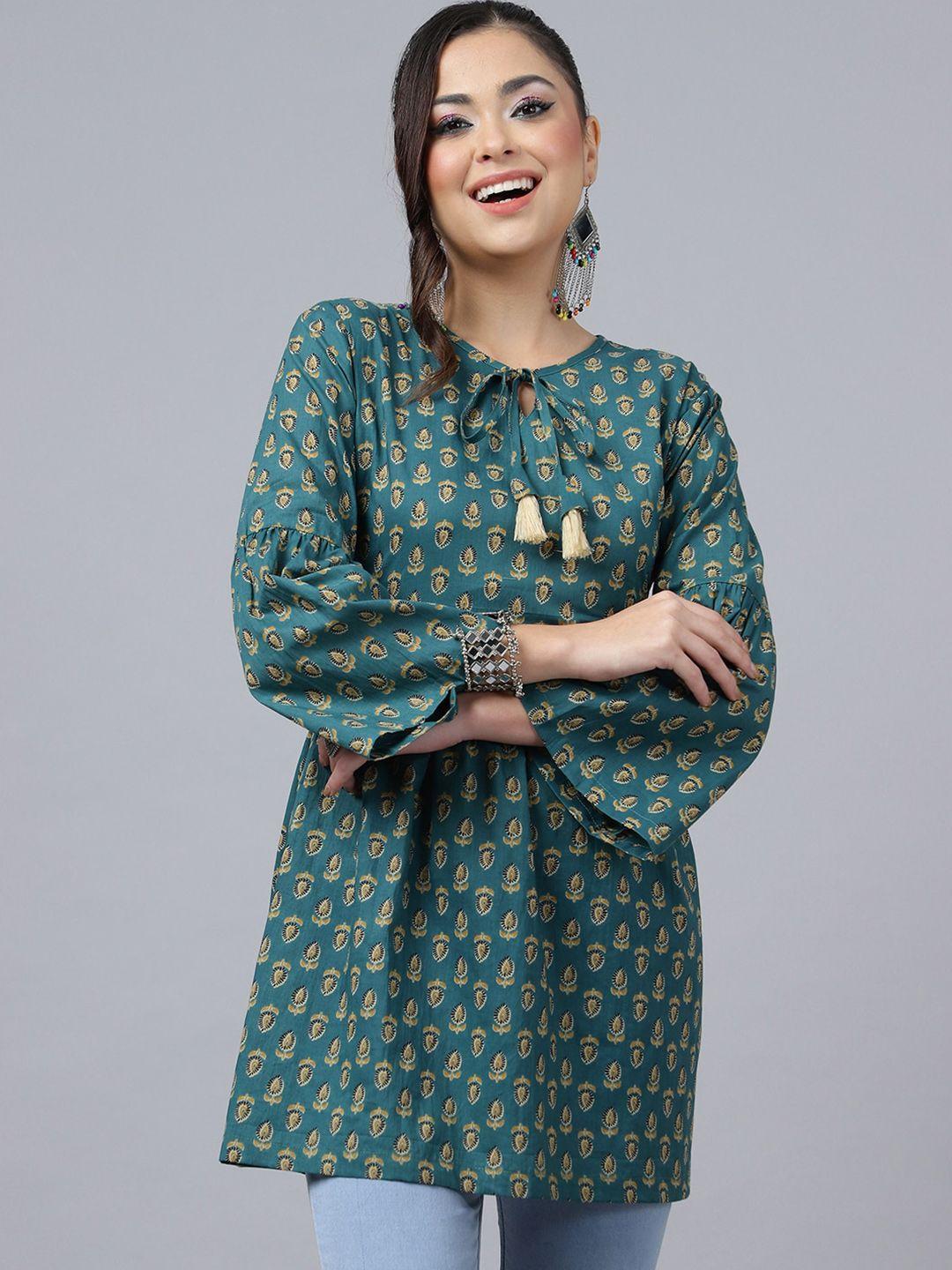 kalini ethnic motifs printed tie-up neck cotton kurti