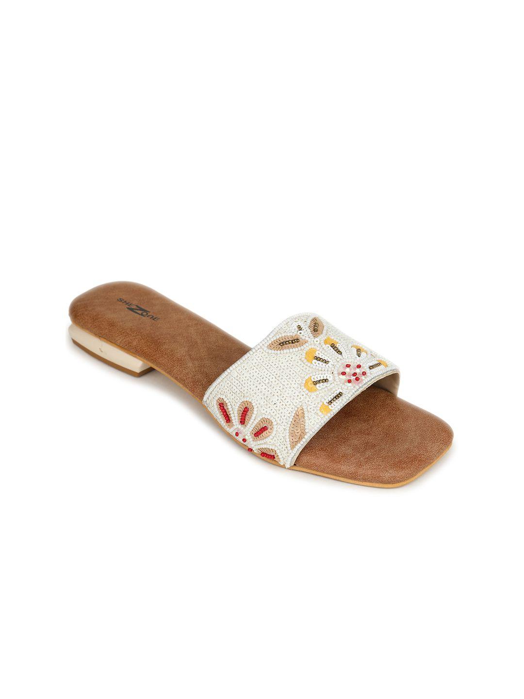 shezone women cream-coloured printed ballerinas with bows flats