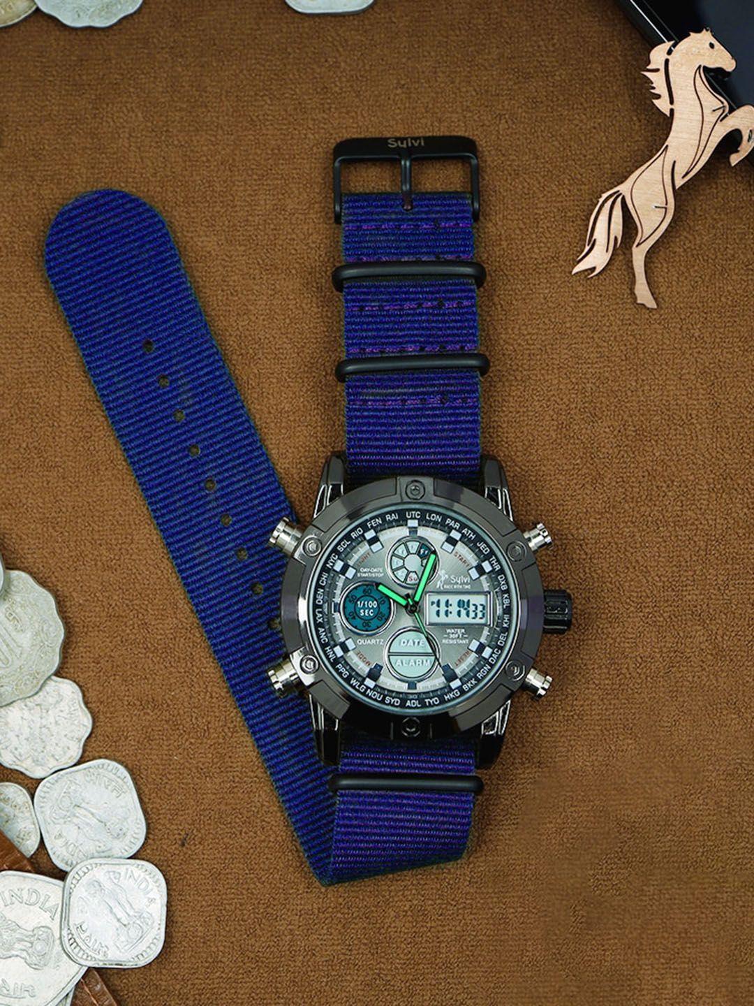 sylvi men black embellished dial & blue straps analogue and digital watch 3022-fab-blue1