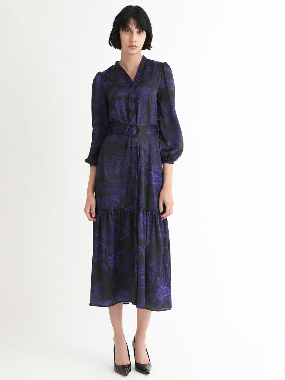 rareism navy blue print puff sleeve a-line midi dress