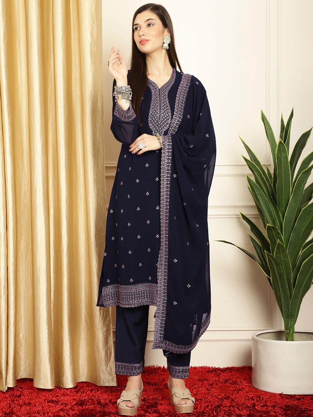 stylee lifestyle navy blue & gold-toned embroidered silk georgette unstitched dress material