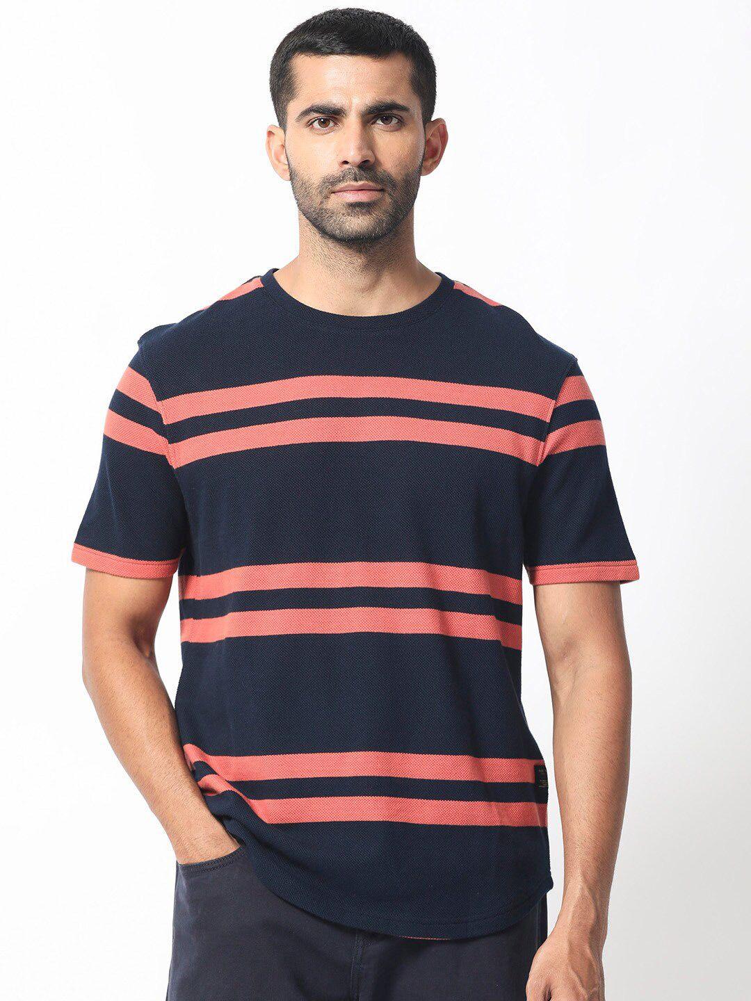 rare rabbit men navy blue striped extended sleeves pockets slim fit t-shirt