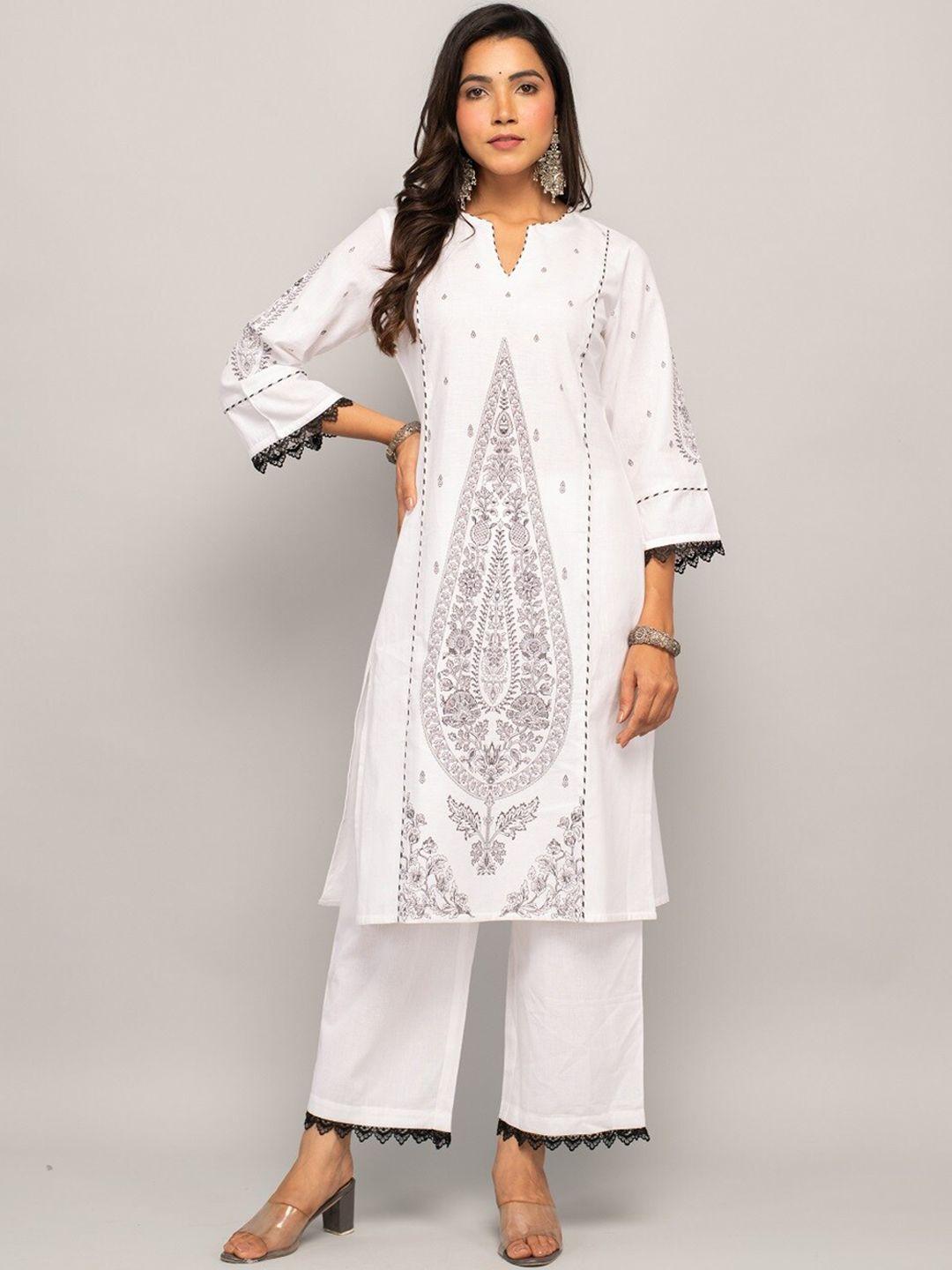 fiorra women white floral printed regular pure cotton kurta with palazzos