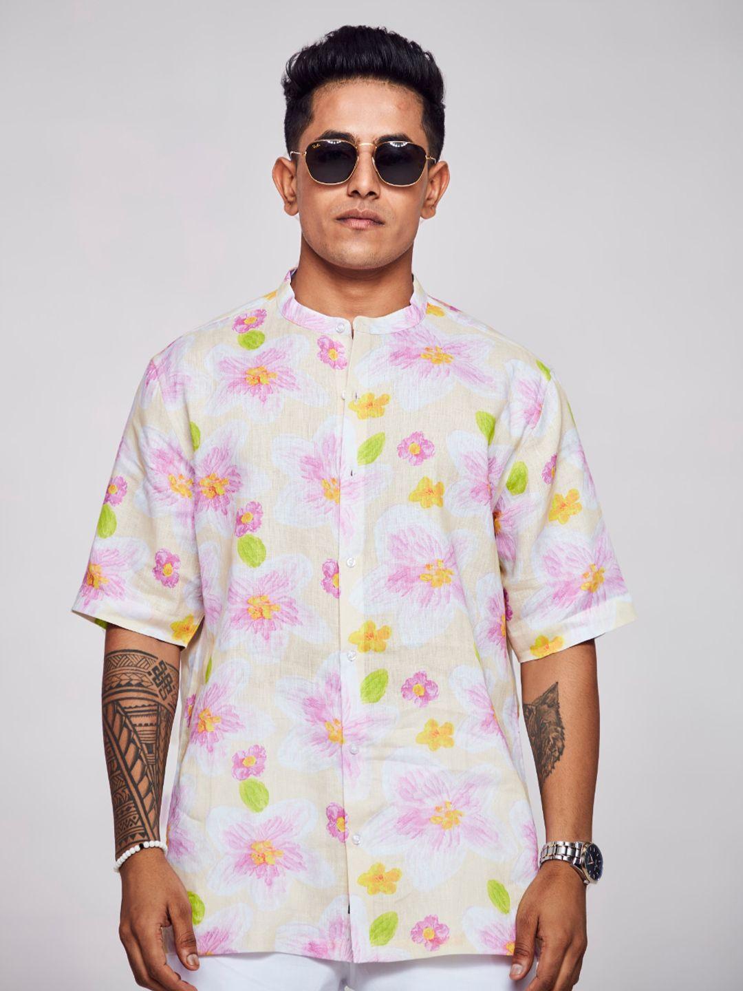 addy's for men comfort floral printed band collar semi sheer linen casual shirt