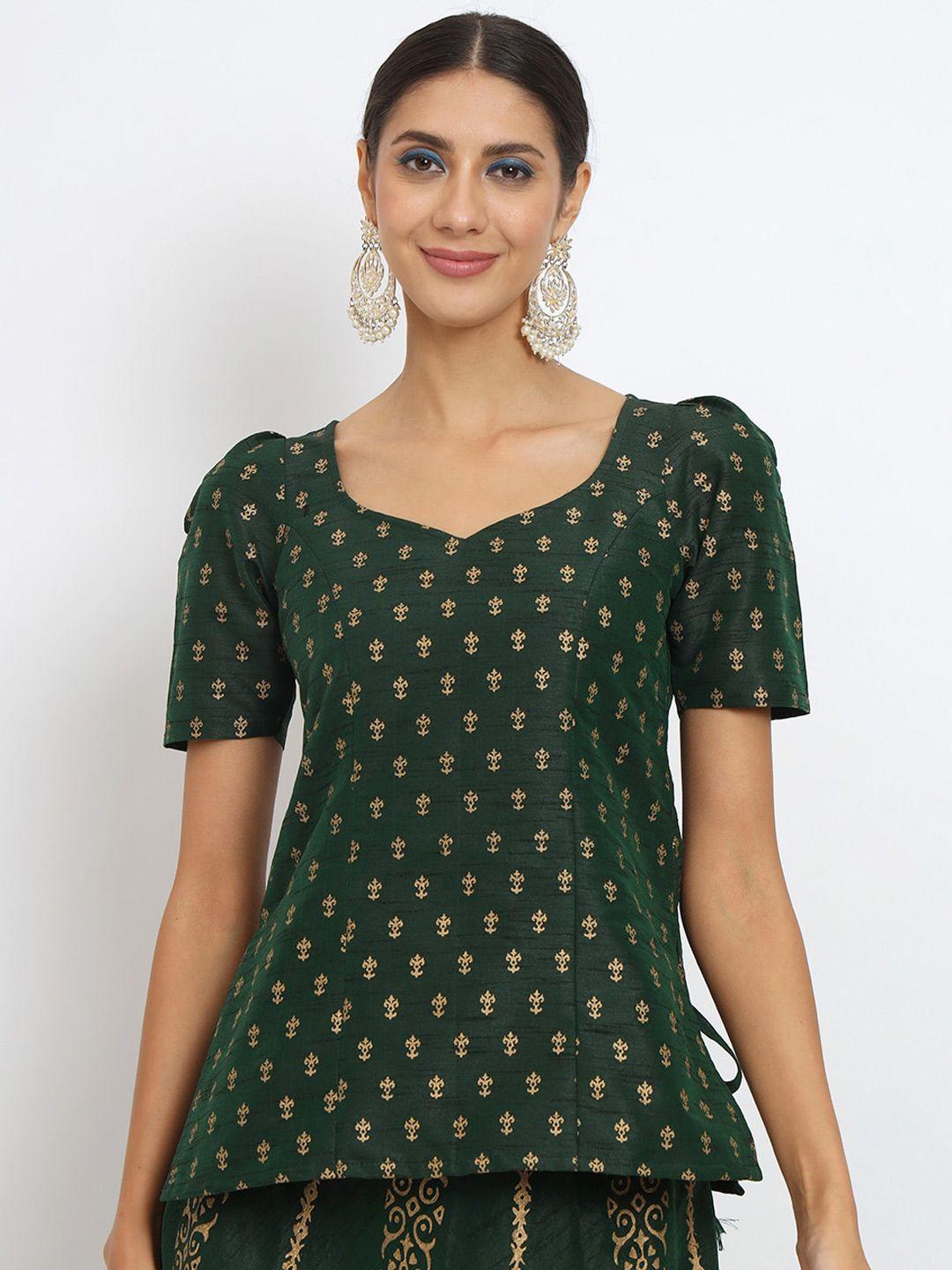 studio rasa green & gold-toned print sweetheart neck puff sleeve top