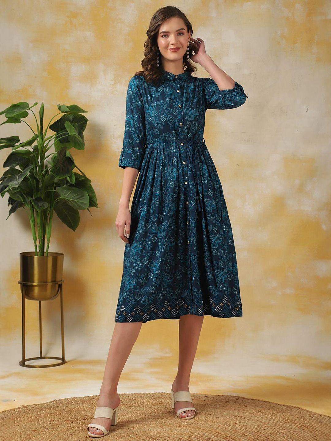 rangita floral printed shirt collar a-line midi dress