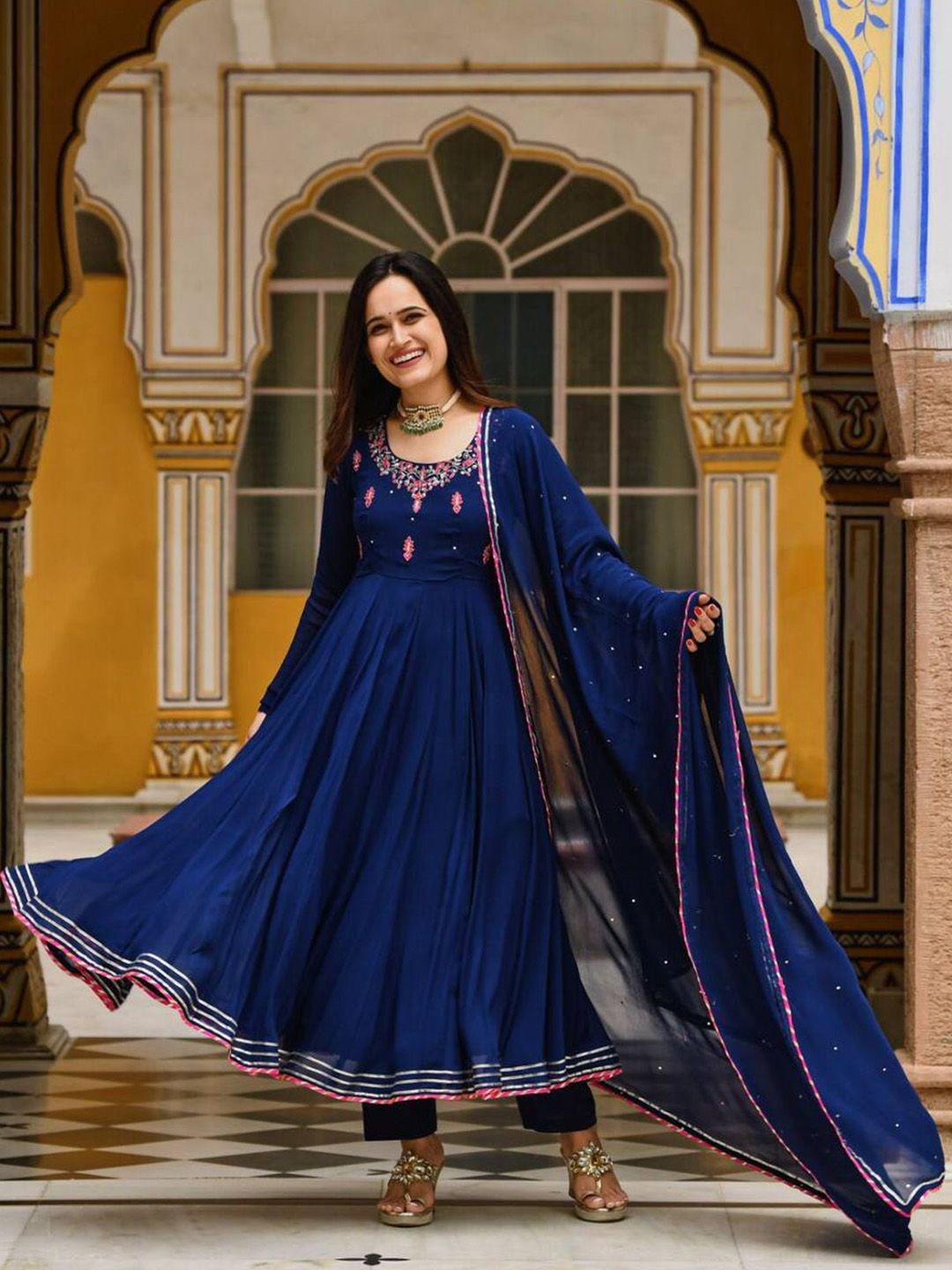 kalini embroidered round neck a-line kurta with dupatta