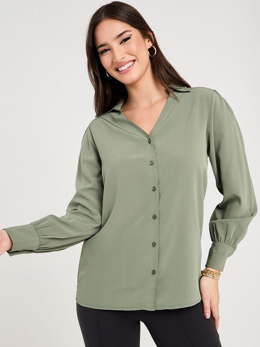 styli women olive green spread collar long sleeves casual shirt