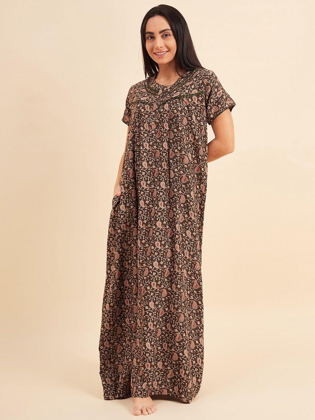 sweet dreams green ethnic motifs printed pure cotton maxi nightdress