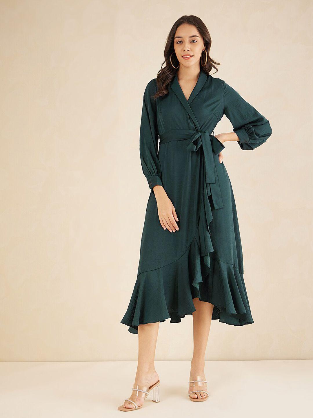 femella v-neck puff sleeves tie-up wrap midi dress