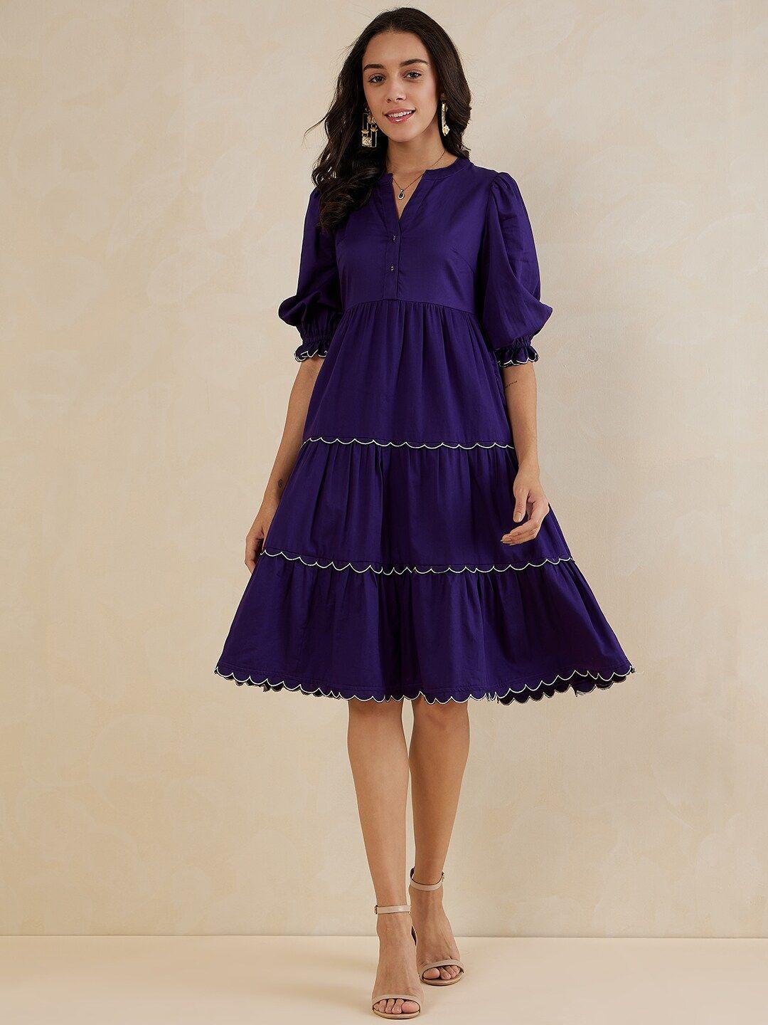 femella embroidered mandarin collar tiered cotton fit & flare dress