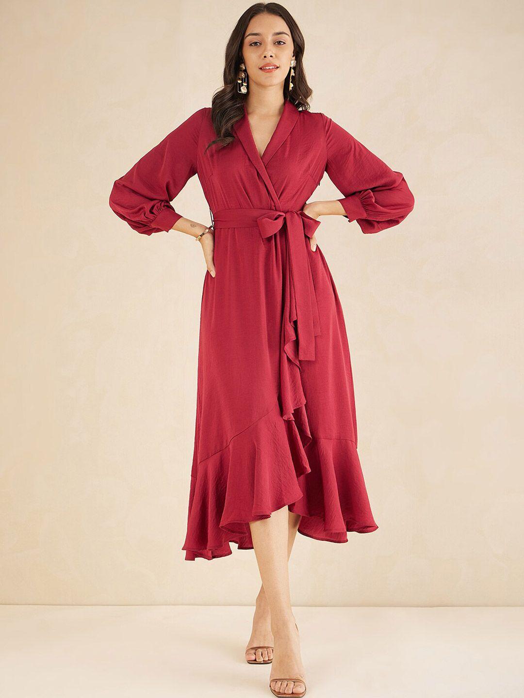 femella shawl neck cuffed sleeve ruffles detail a-line dress comes with a belt