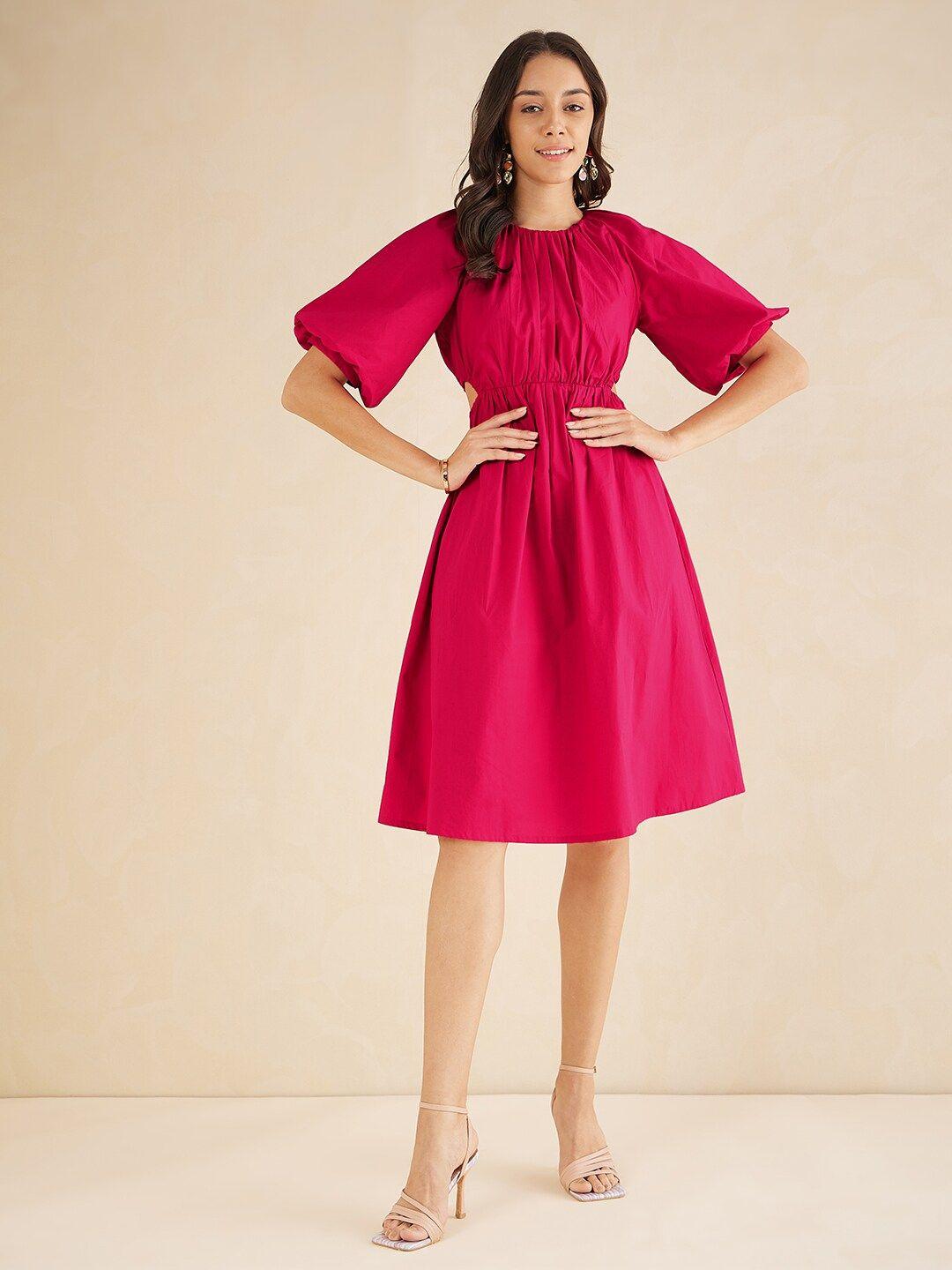 femella round neck puff sleeve fit &flare cut-out cotton midi dress