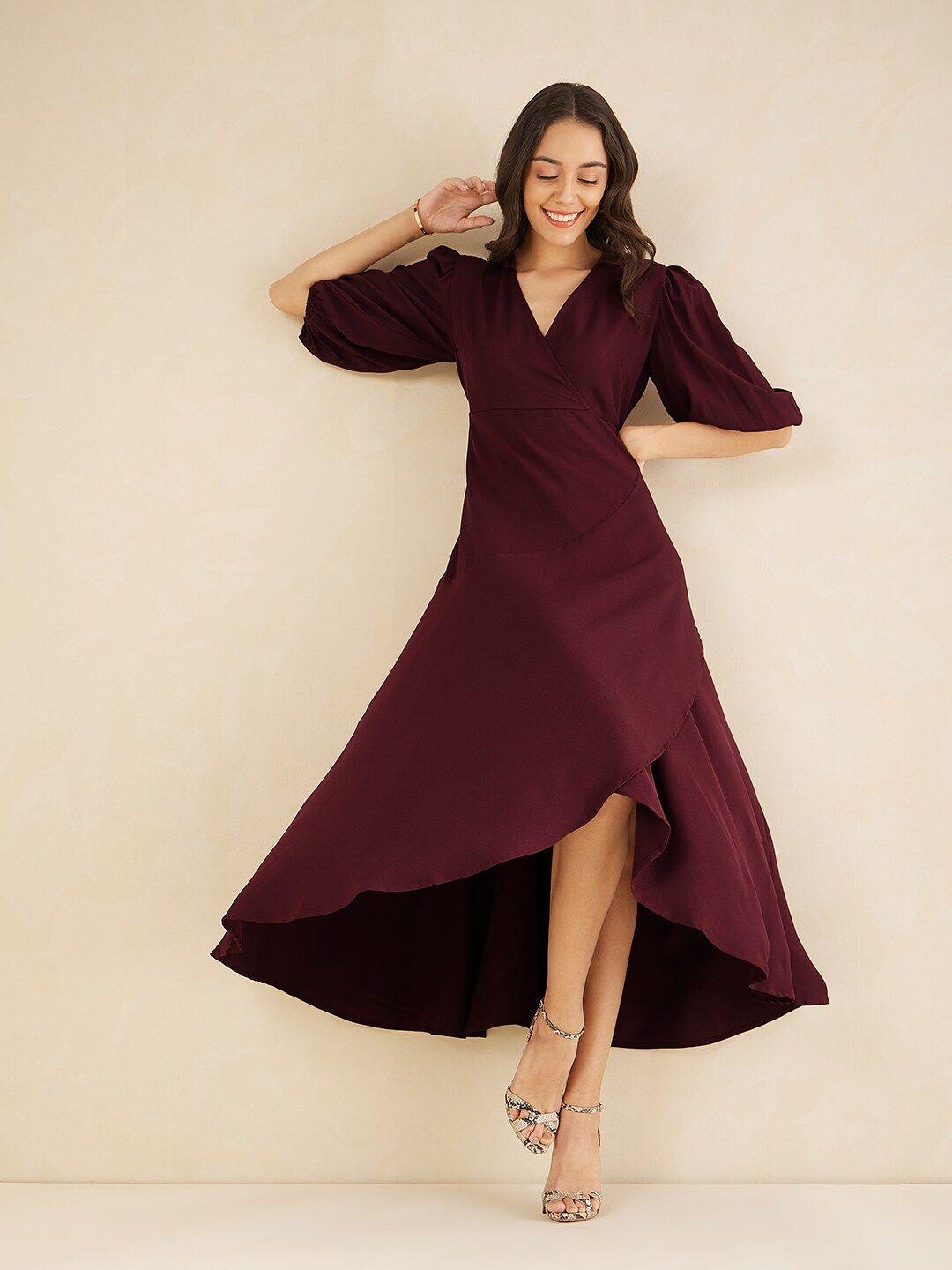 femella v-neck puff sleeve fit and flare midi dress