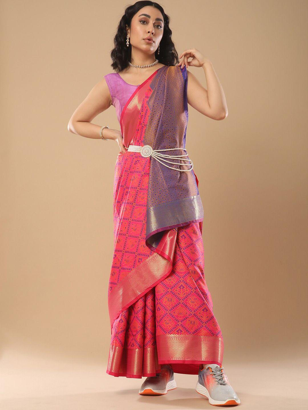 mitera pink & purple bandhani zari silk blend ikat saree