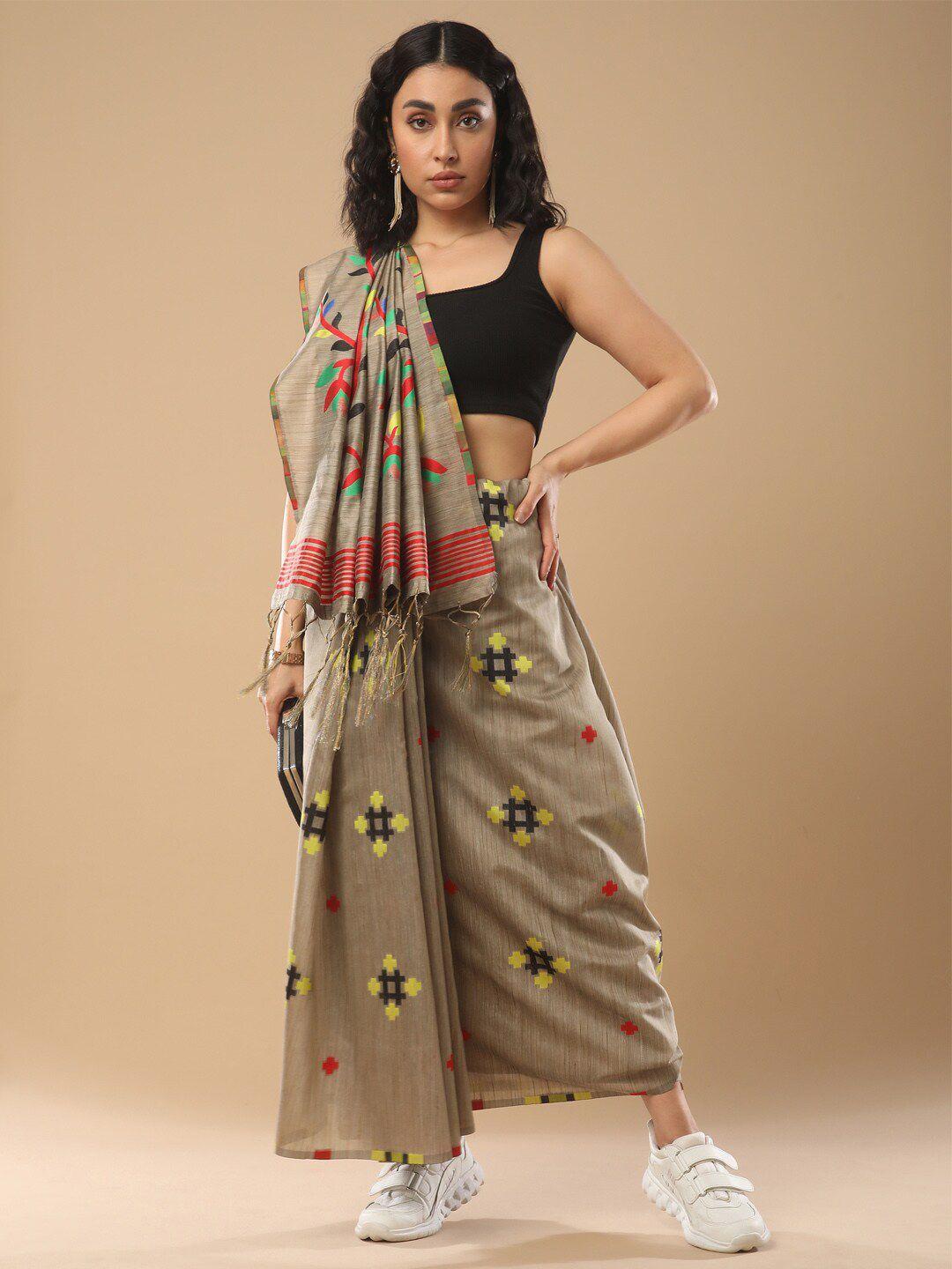 mitera brown & red geometric printed silk cotton banarasi saree