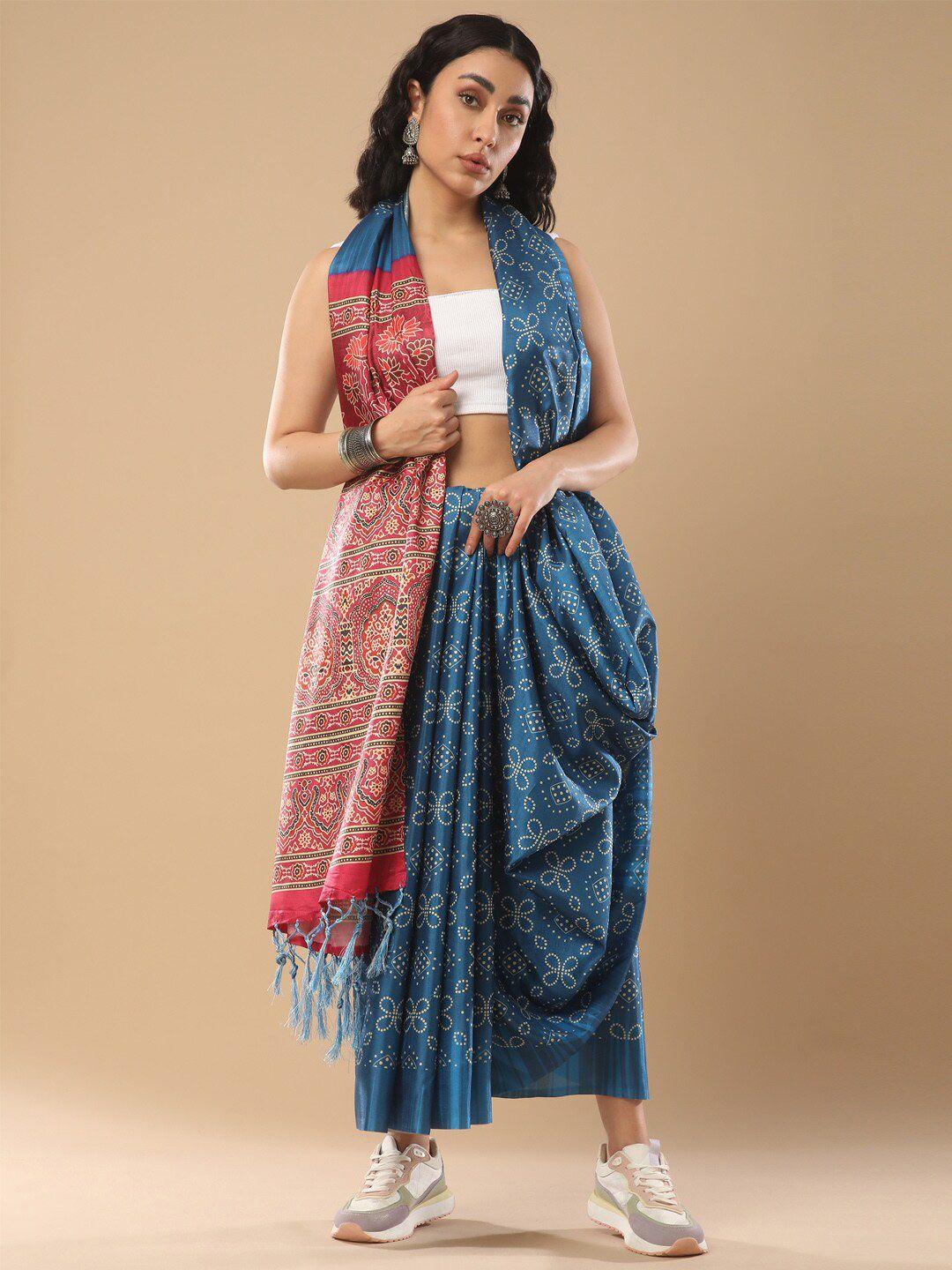 mitera blue & pink bandhani silk blend bandhani saree