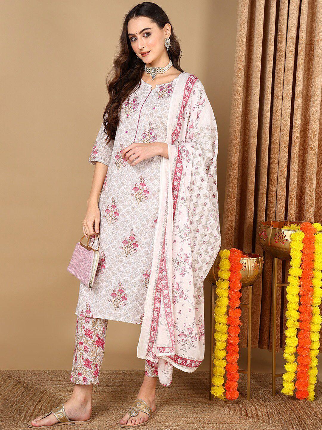 ahika ethnic motifs printed mirror work pure cotton straight kurta with trousers & dupatta