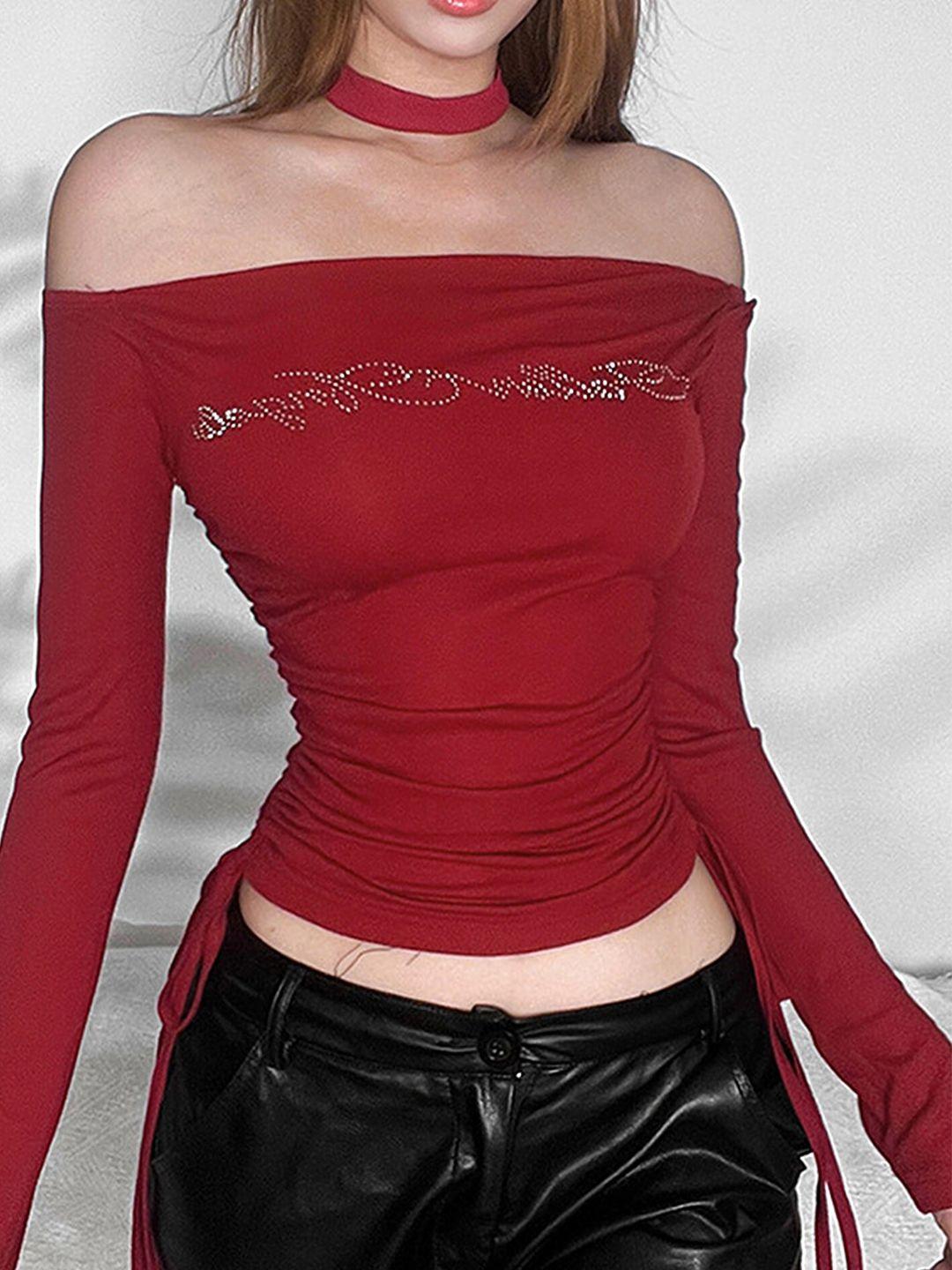 lulu & sky red off-shoulder bardot crop top