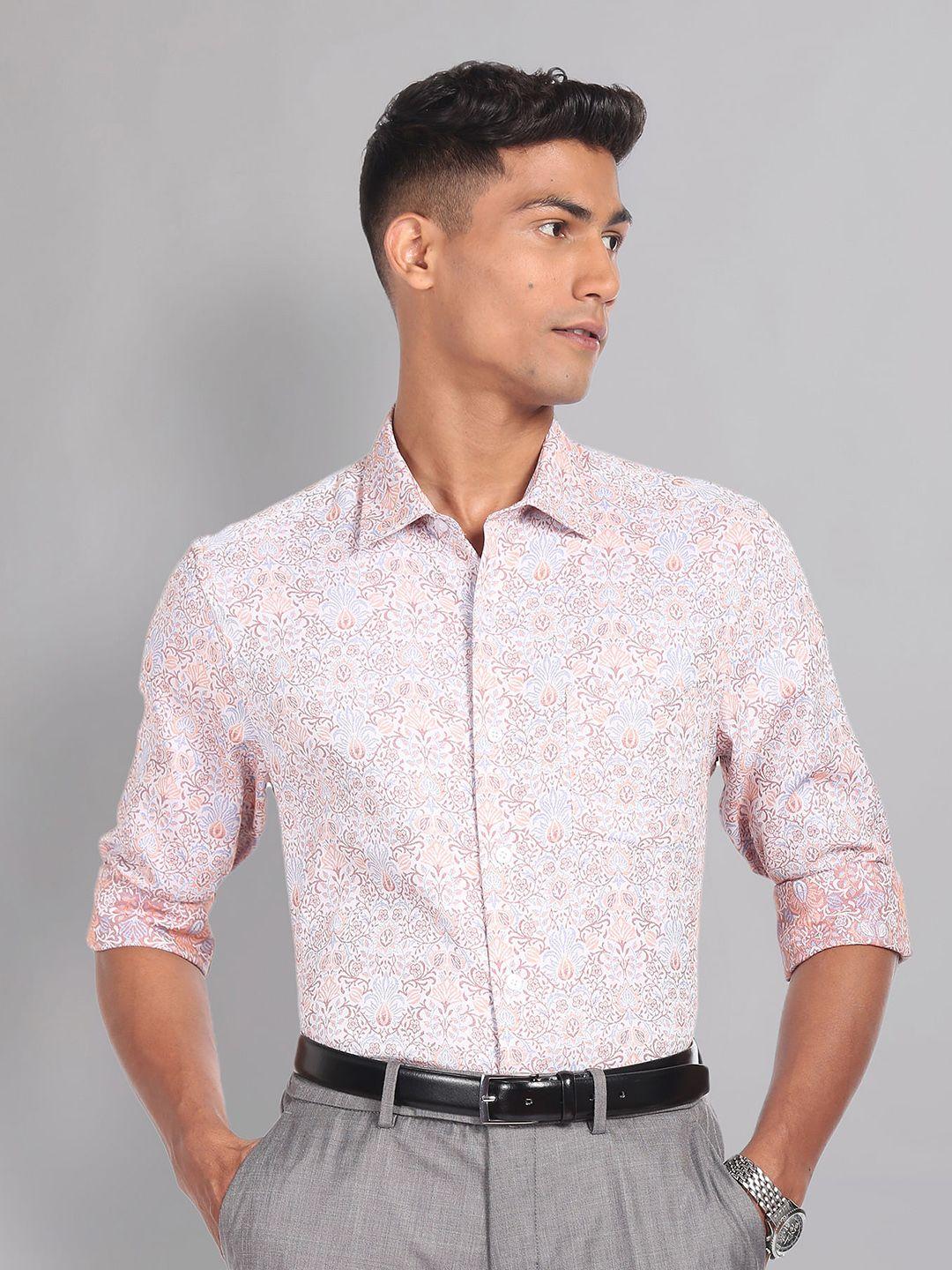 ad by arvind men orange slim fit floral opaque printed formal shirt