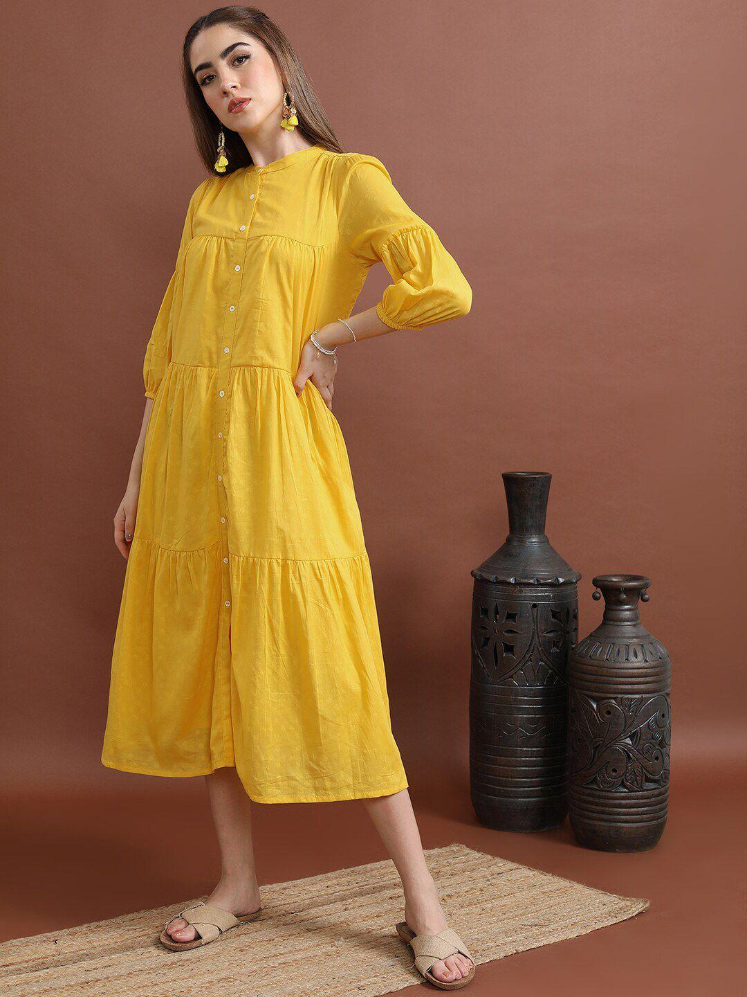 vishudh yellow mandarin collar gathered or pleated cotton a-line midi dress