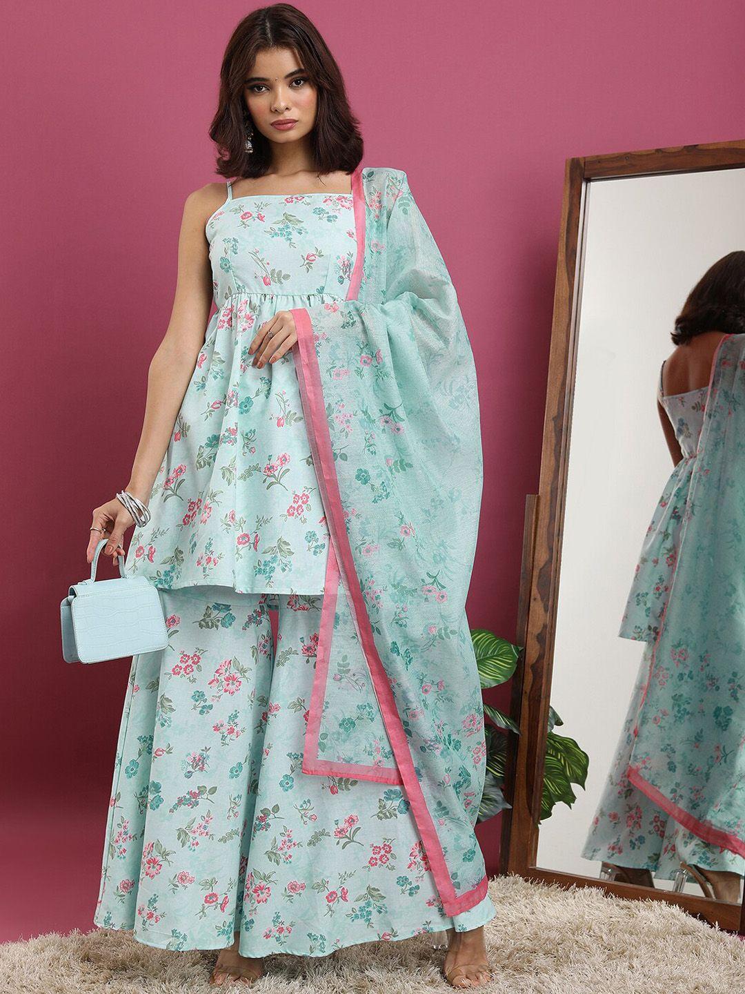 vishudh floral printed anarkali kurta with sharara & dupatta