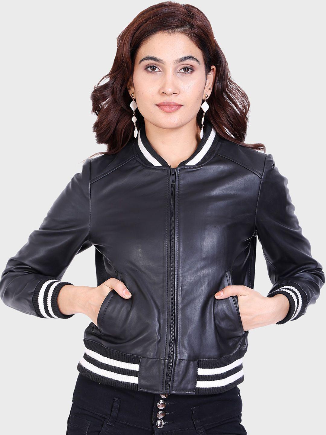 justanned monochrome leather crop bomber jacket