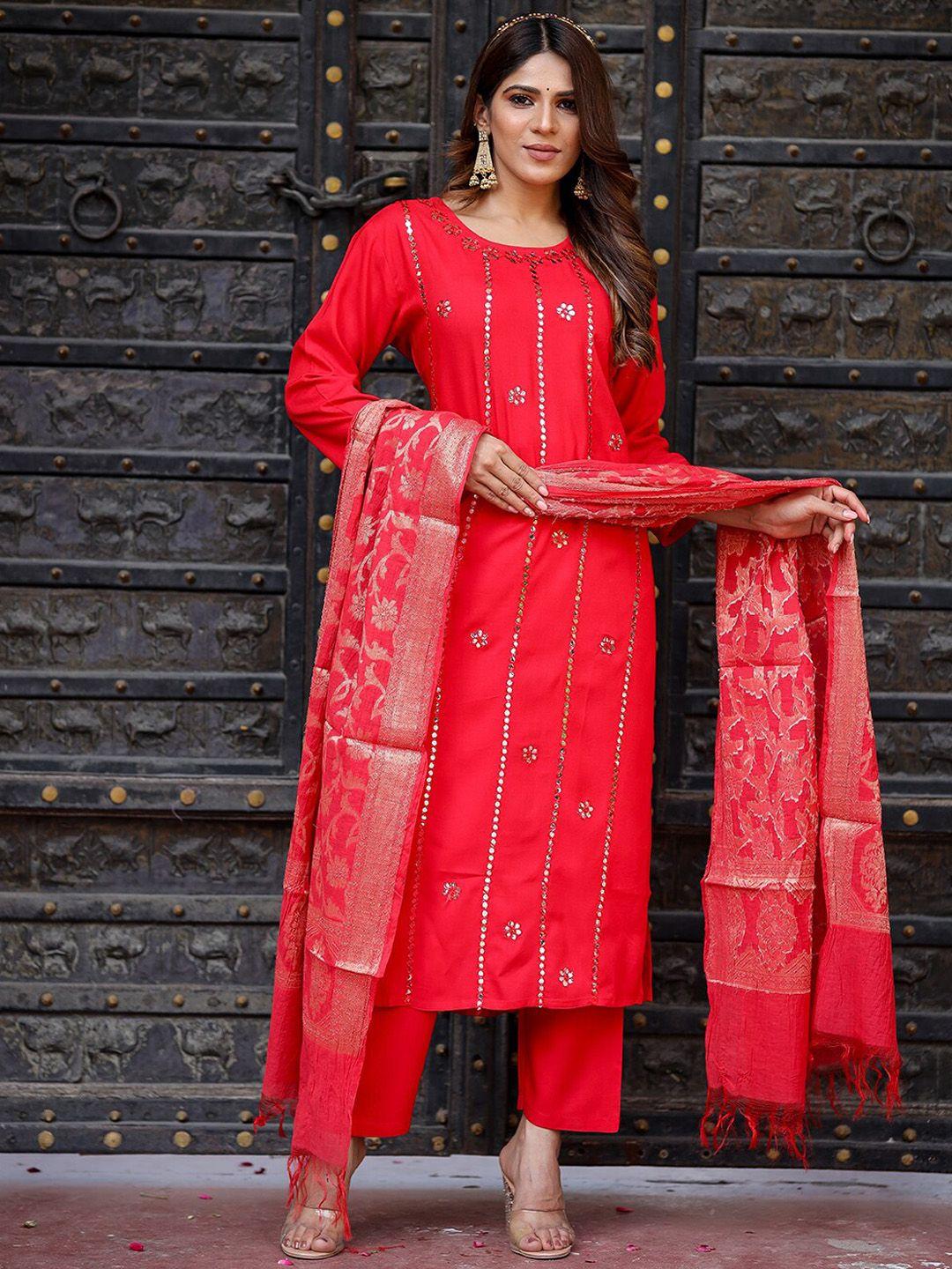 kalini ethnic motifs embroidered mirror work detail straight kurta & trousers with dupatta