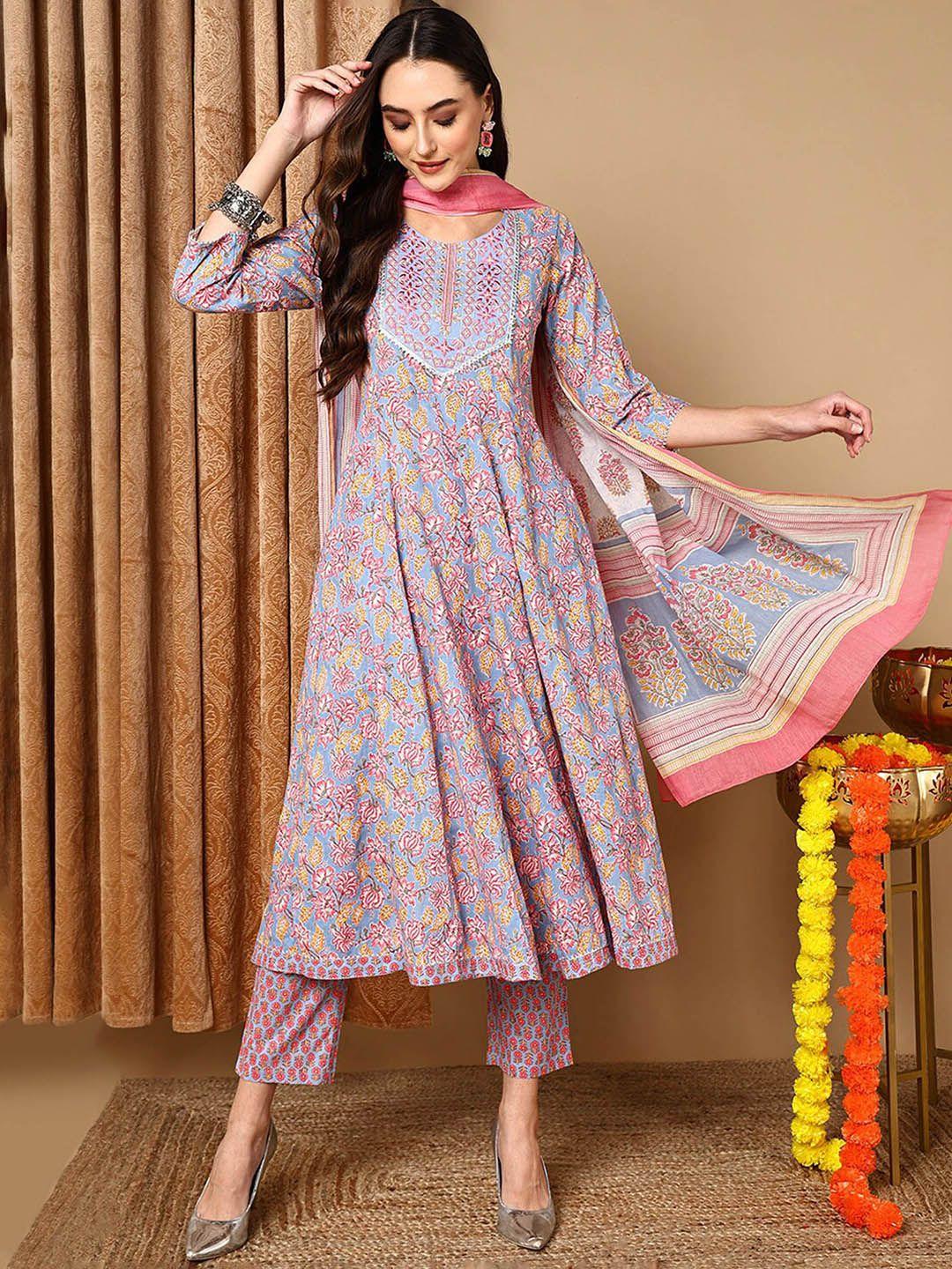 ahika floral printed thread work pure cotton anarkali kurta with trousers & dupatta