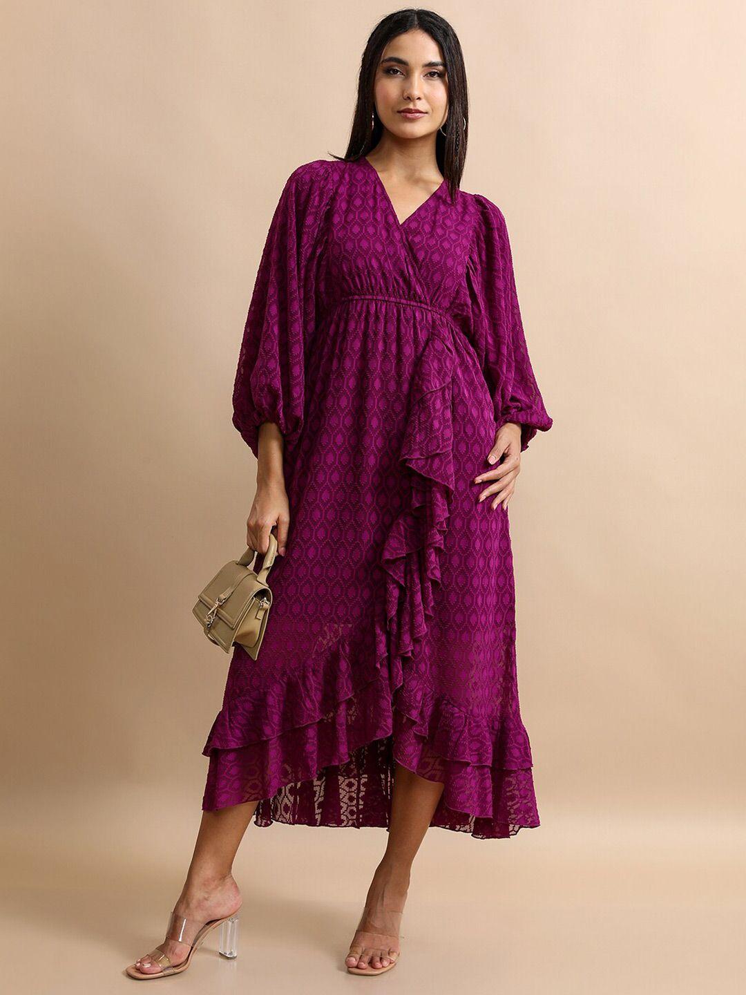 tokyo talkies maroon geometric printed puff sleeves gathered wrap midi dress