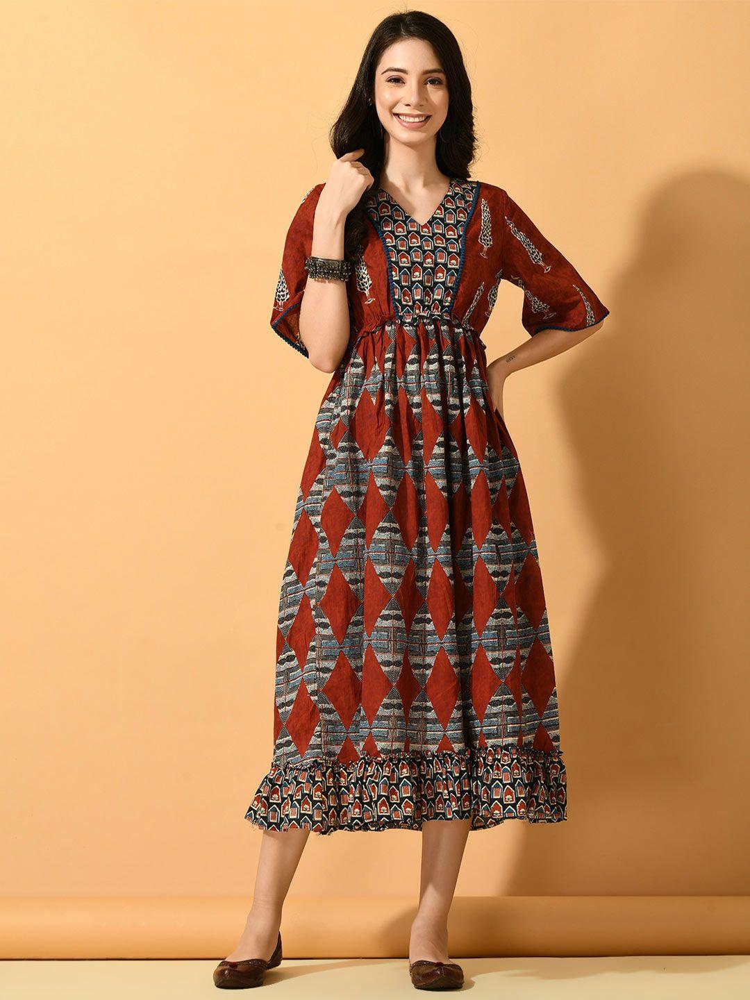 kalini ethnic motifs printed v-neck fit & flare ethnic dress