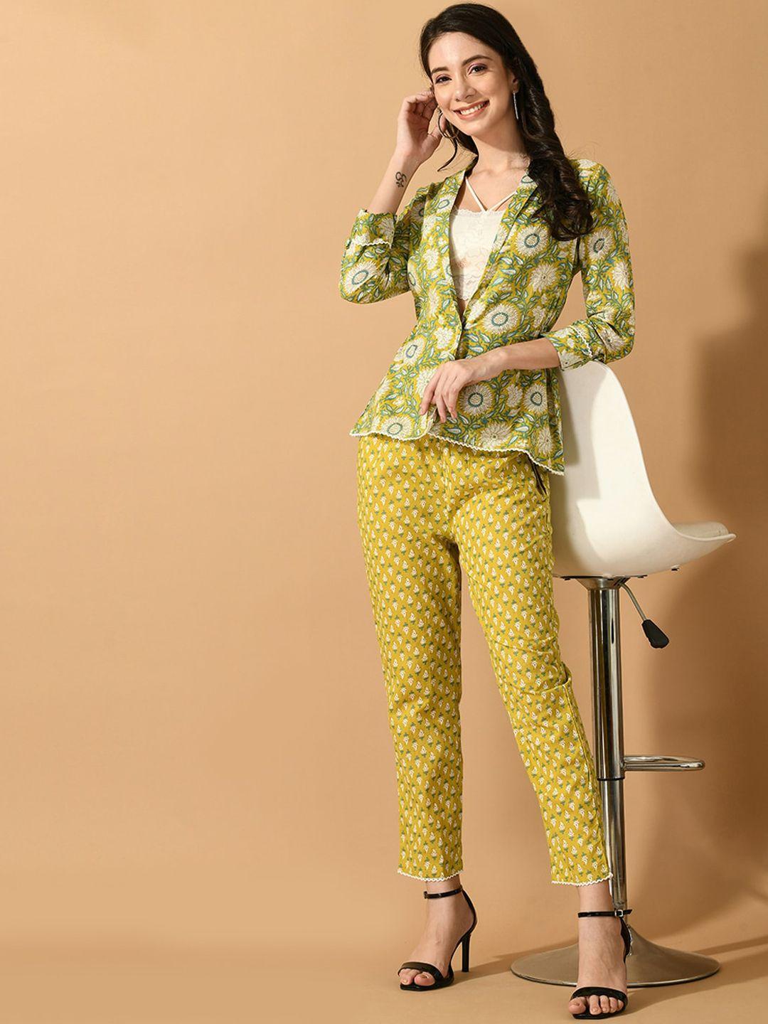 kalini floral printed pure cotton coat & trousers co-ords